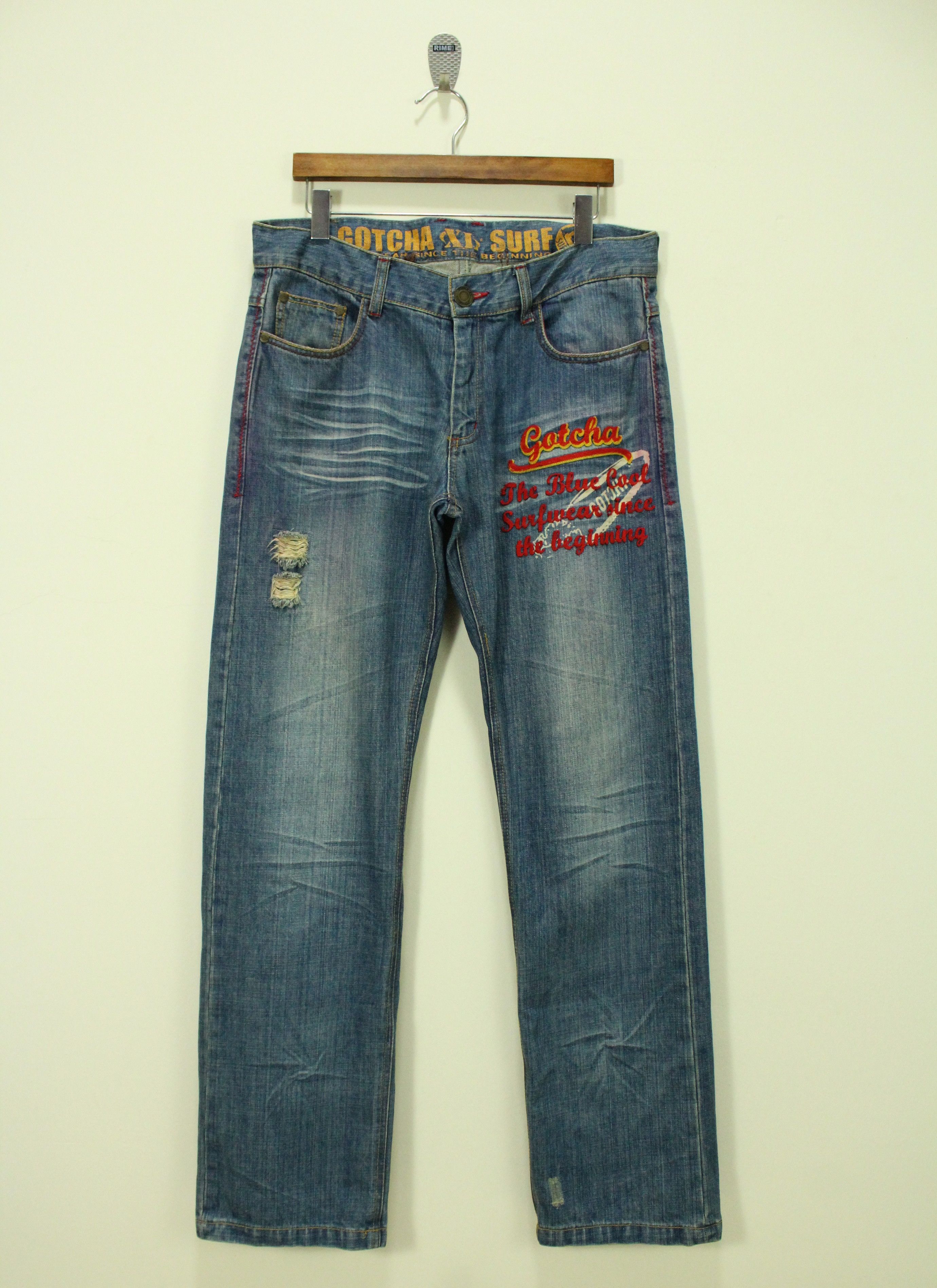 Ed Hardy × Gotcha × JNCO GOTCHA Pants Denim Embroidered Big Logo Surf Style Size US 35 - 7 Thumbnail