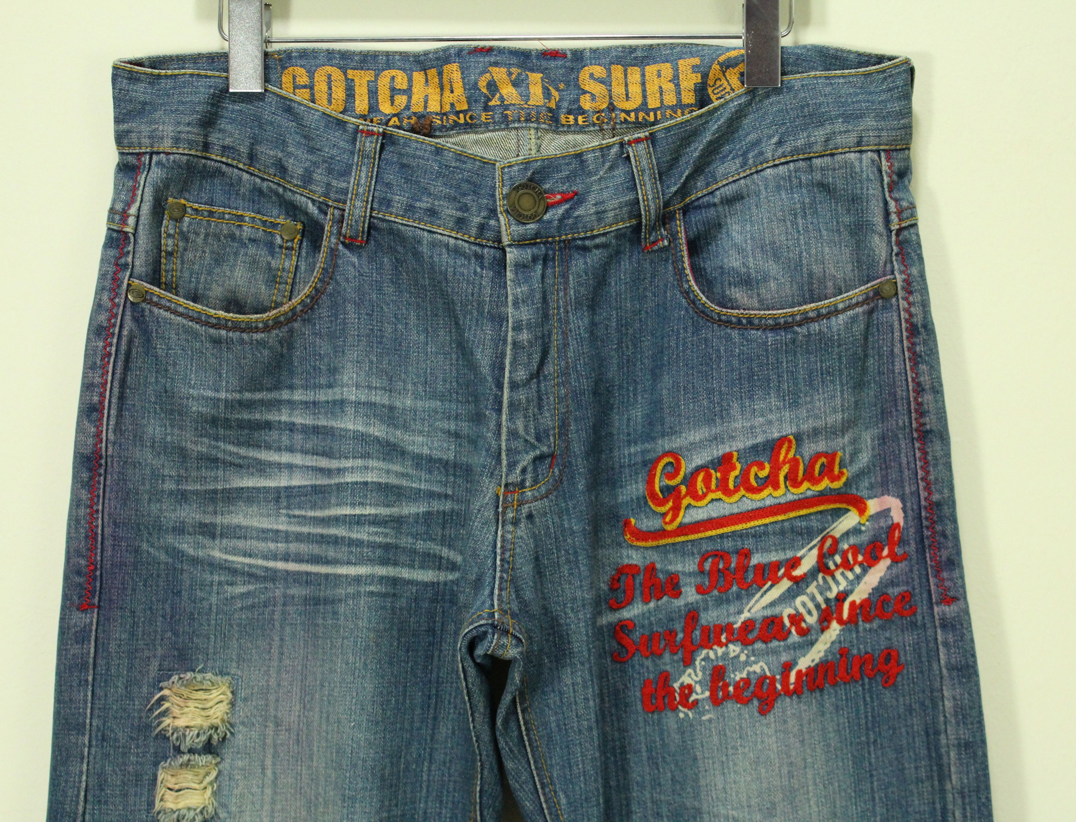 Ed Hardy × Gotcha × JNCO GOTCHA Pants Denim Embroidered Big Logo Surf Style Size US 35 - 8 Thumbnail