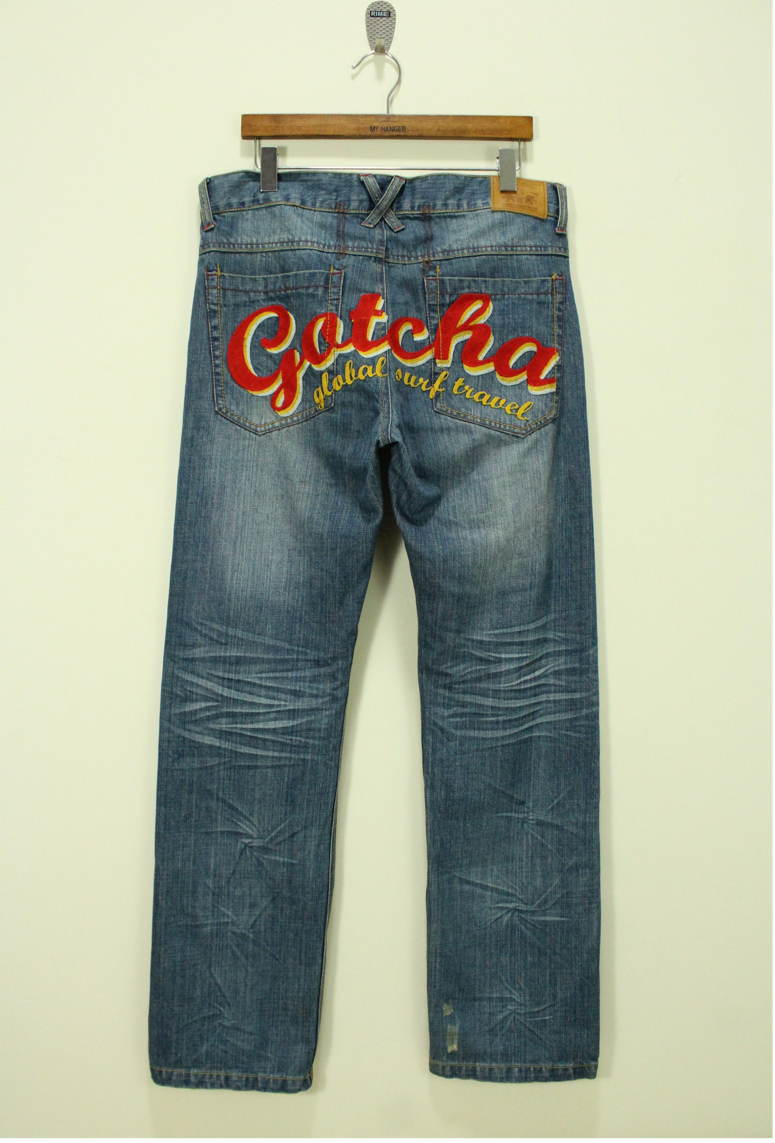 Ed Hardy × Gotcha × JNCO GOTCHA Pants Denim Embroidered Big Logo Surf Style Size US 35 - 1 Thumbnail