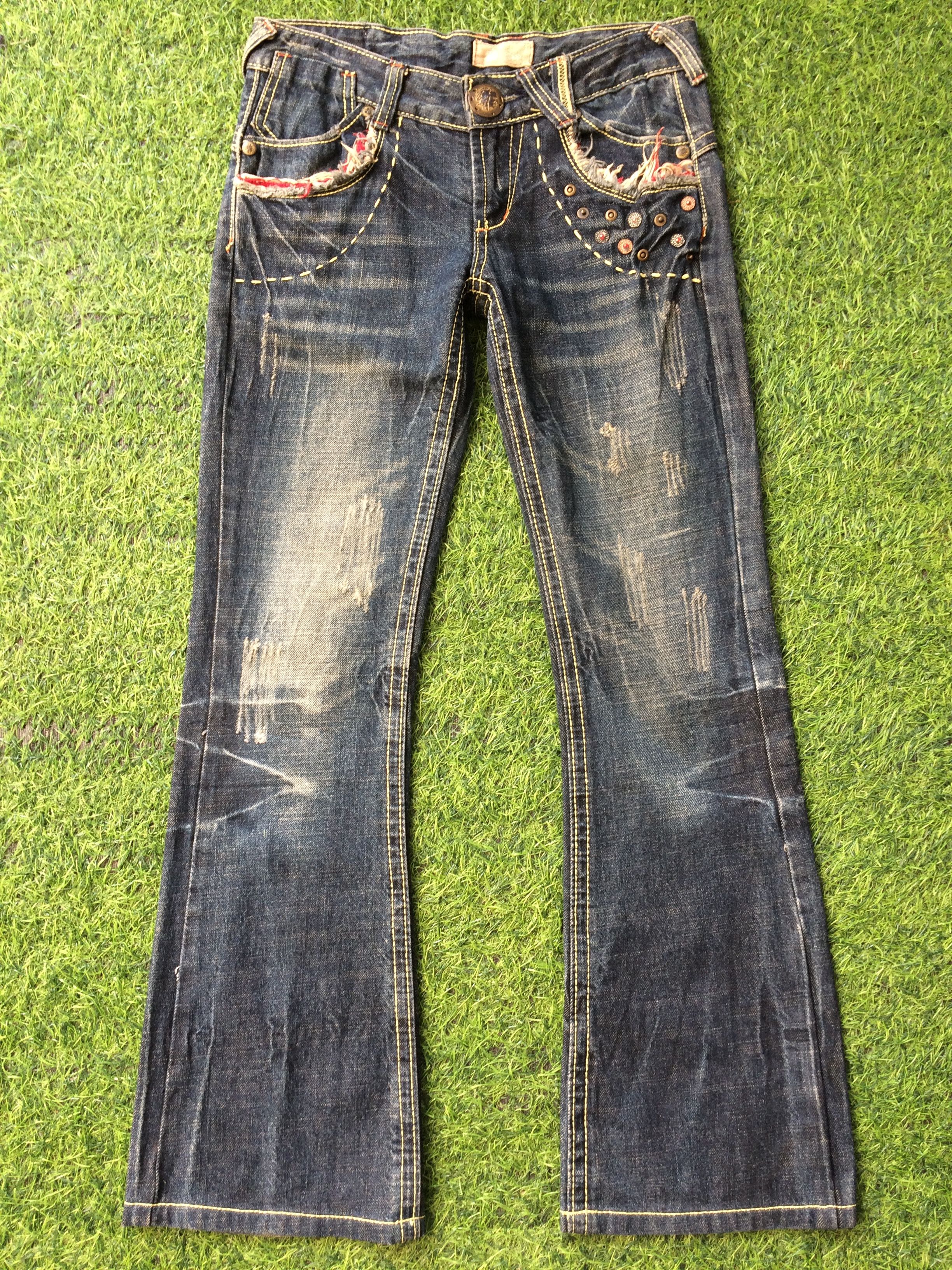 image of Archival Clothing x Avant Garde japan Studded Flare Seditionaries Jeans D-404 in Blue Denim (Size 2