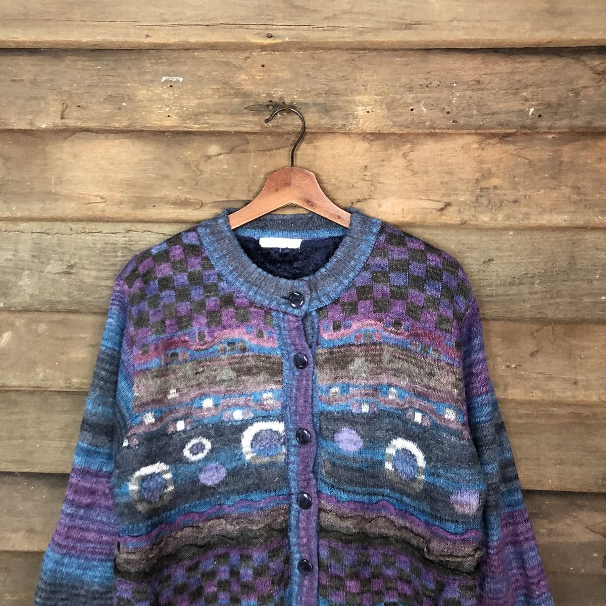 Vintage Japan art Blue Patterned Cardigan knitwear #6859 Size US M / EU 48-50 / 2 - 2 Thumbnail