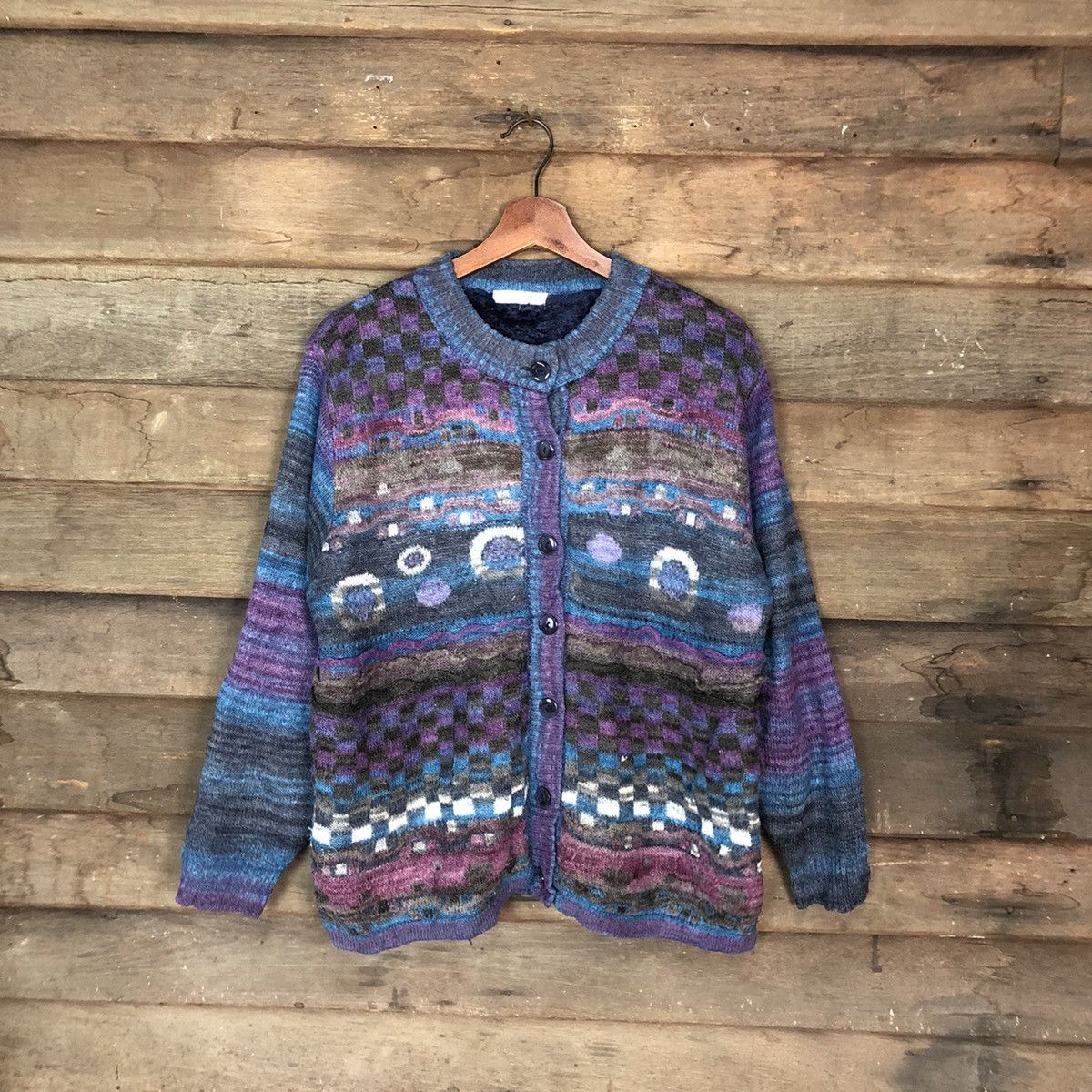 Vintage Japan art Blue Patterned Cardigan knitwear #6859 Size US M / EU 48-50 / 2 - 1 Thumbnail