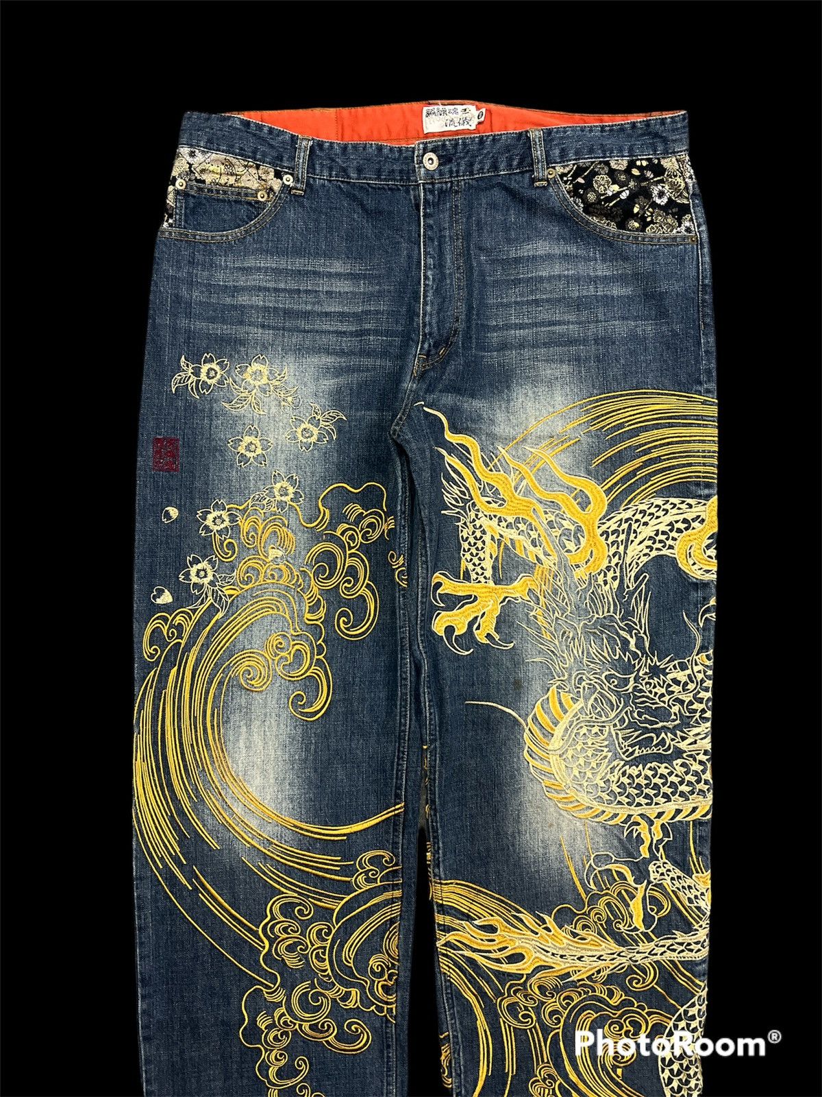 Dragonfly × Japanese Brand Sick🔥Gold Embroidered Dragon Japan brand Karakuri denim pant Size US 39 - 3 Thumbnail