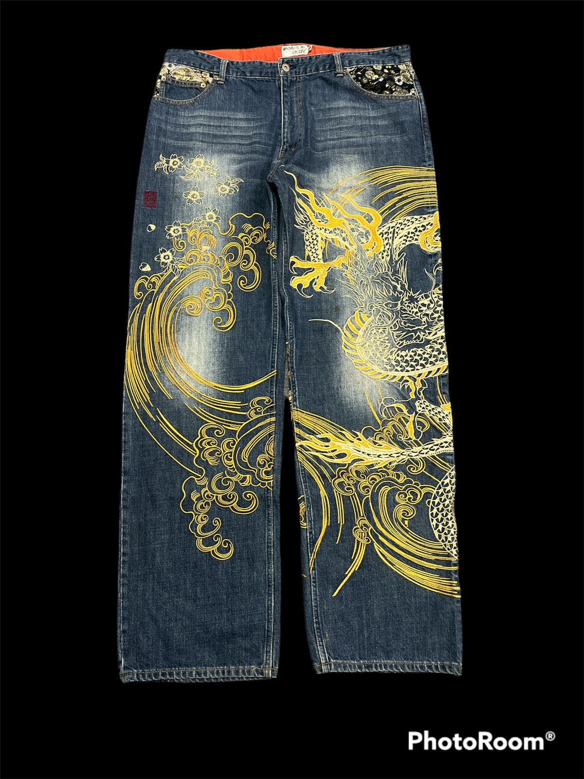 Dragonfly × Japanese Brand Sick🔥Gold Embroidered Dragon Japan brand Karakuri denim pant Size US 39 - 1 Thumbnail
