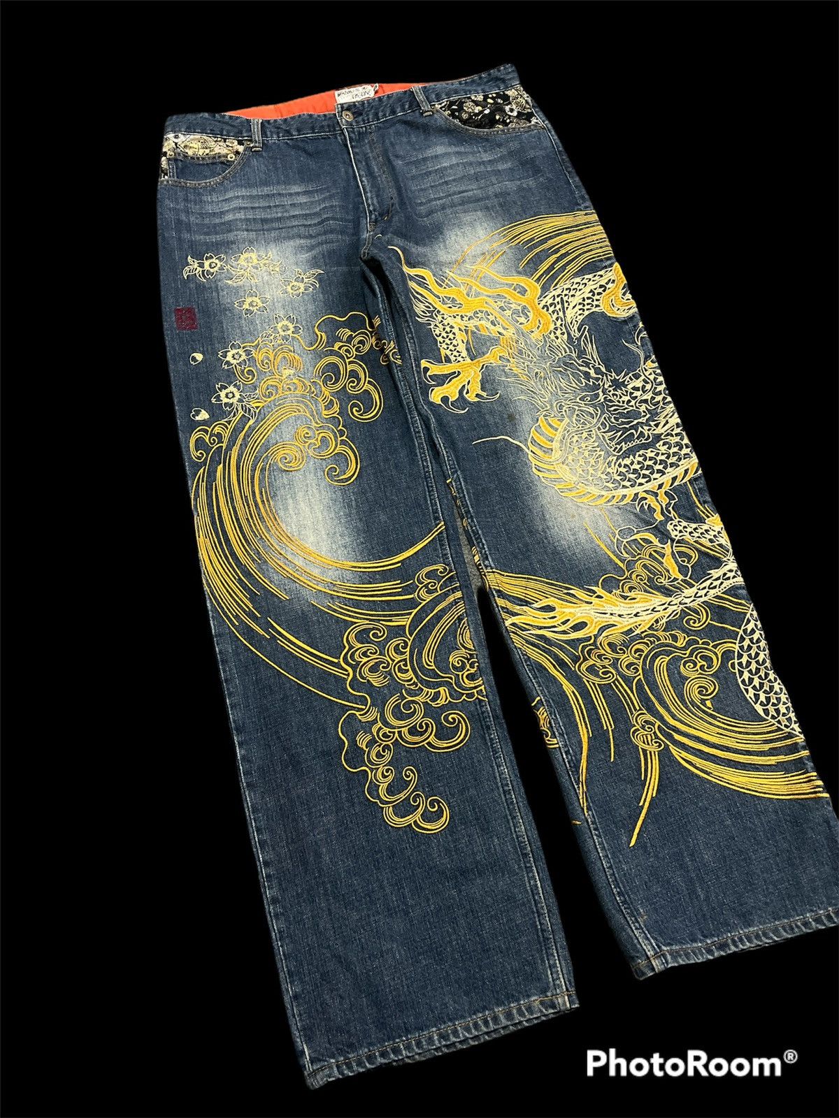 Dragonfly × Japanese Brand Sick🔥Gold Embroidered Dragon Japan brand Karakuri denim pant Size US 39 - 4 Thumbnail