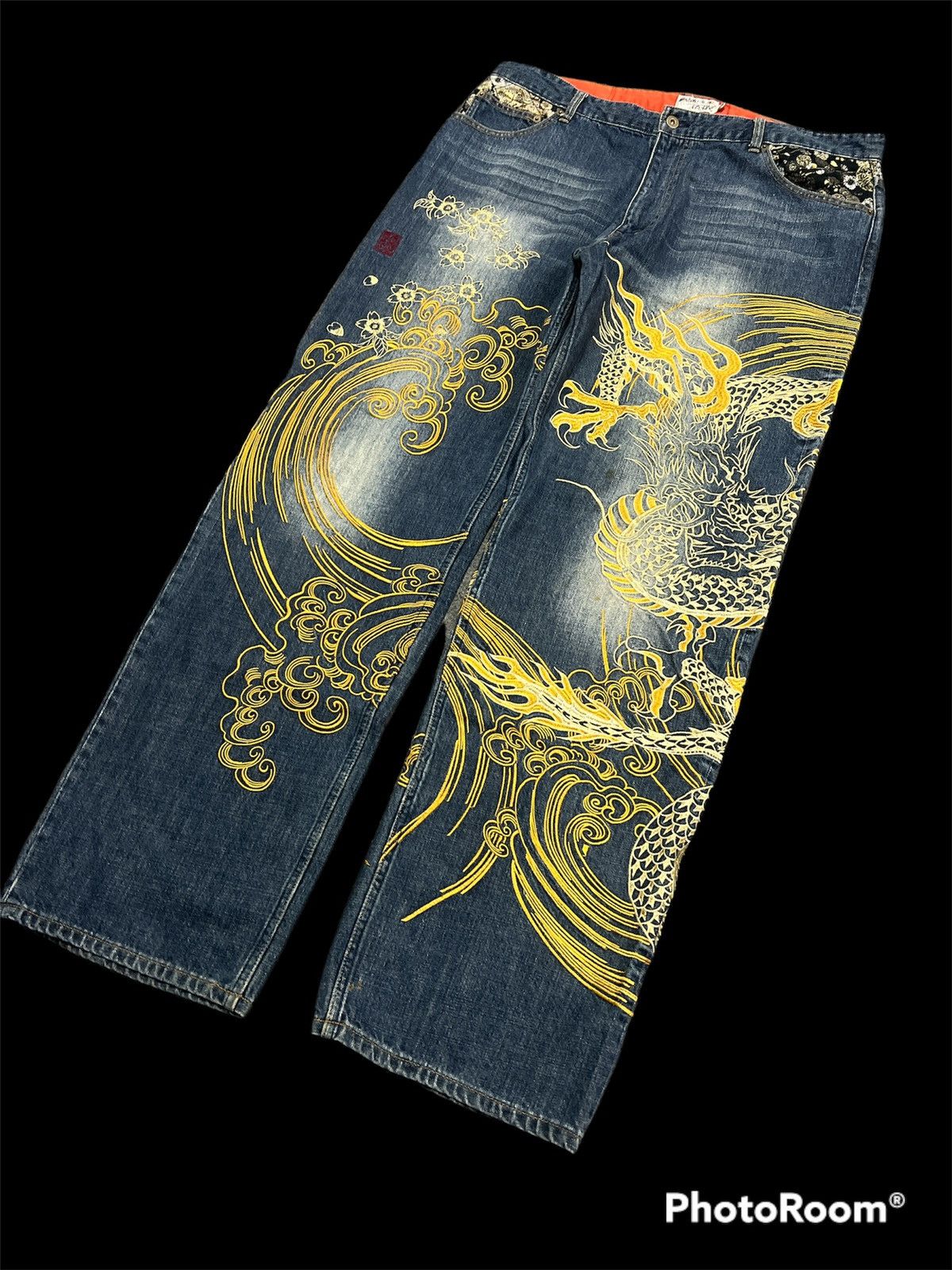 Dragonfly × Japanese Brand Sick🔥Gold Embroidered Dragon Japan brand Karakuri denim pant Size US 39 - 2 Thumbnail