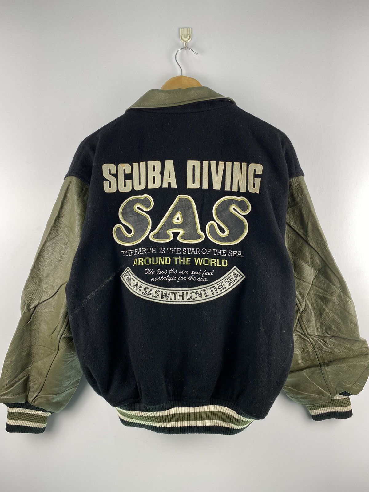 image of Vintage Sas Scuba Diving Varsity Leather Jacket in Black, Men's (Size Medium)