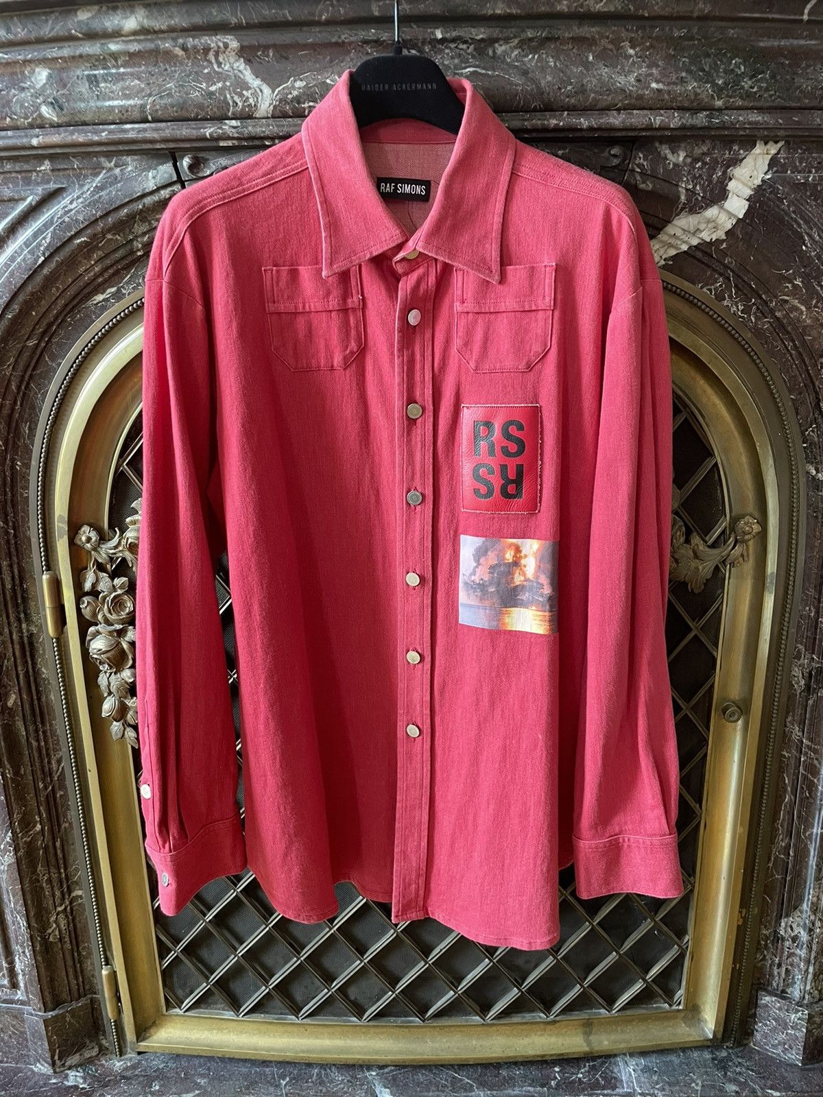 image of Raf Simons Ss15 Rs Logo Patch Denim Shirt in Red, Men's (Size Small)