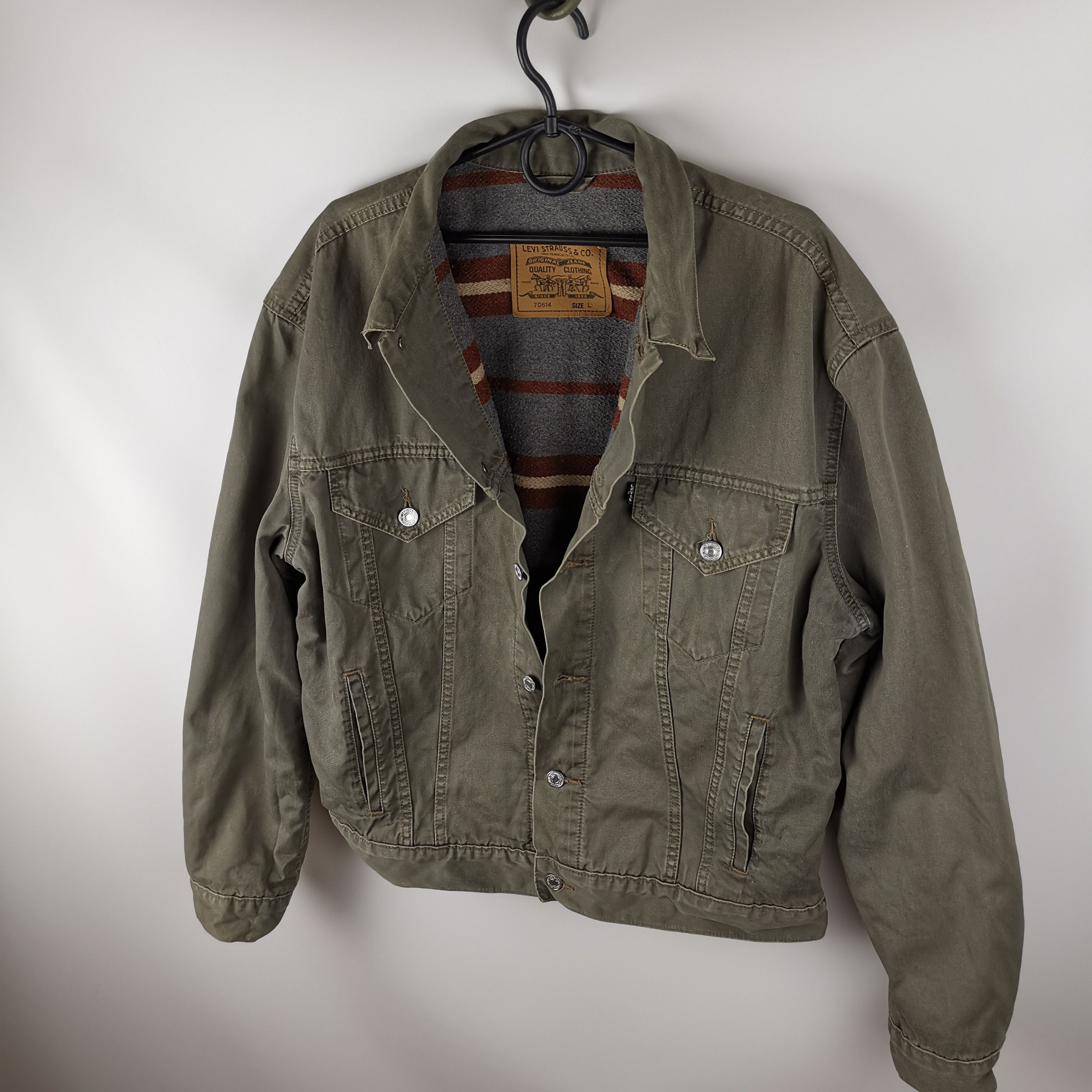 image of Levis x Levis Vintage Clothing Levi's Vintage Black Tag Grey Denim Jacket Pattern Lining (Size Larg
