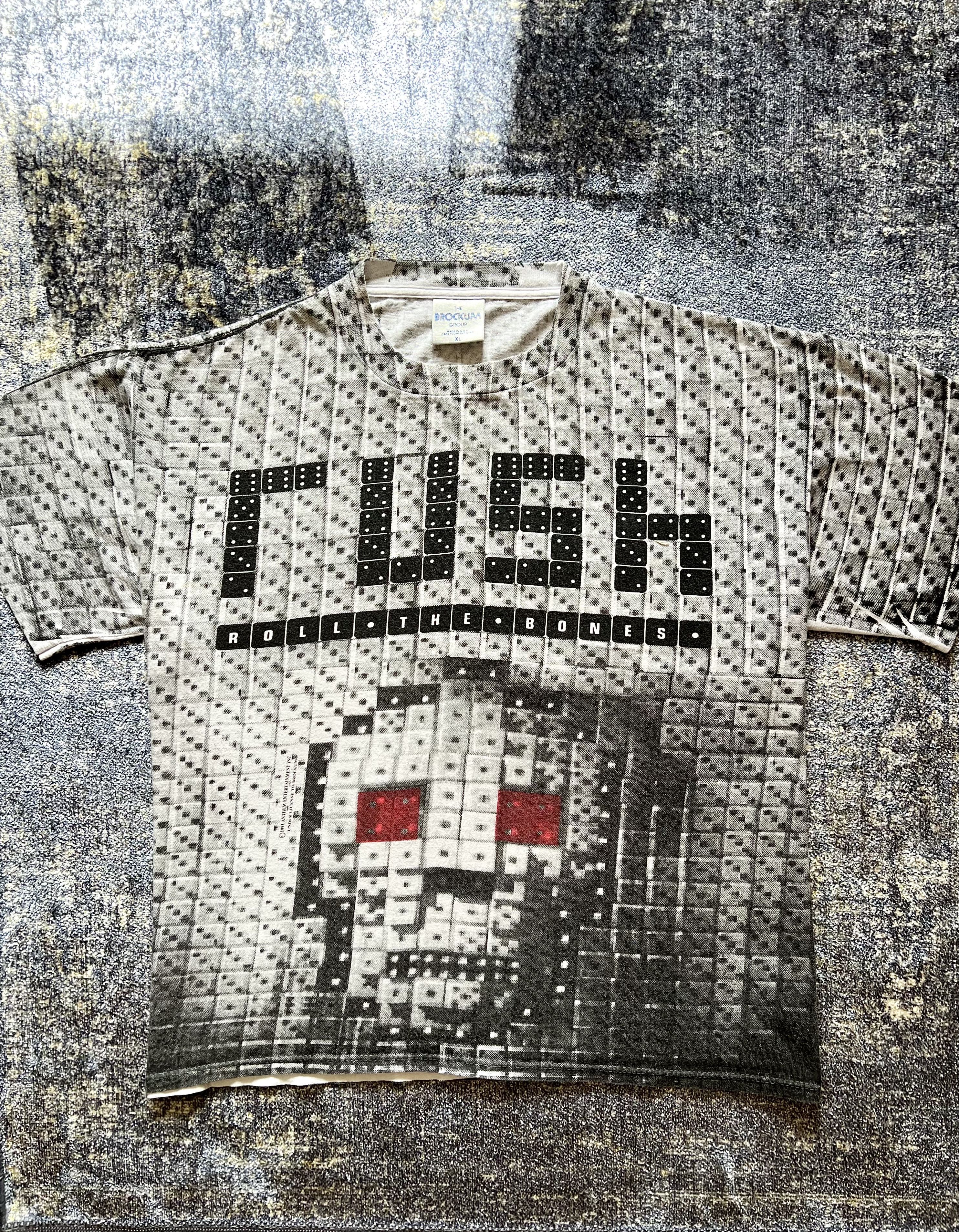 image of Band Tees x Rock T Shirt 1991 Vintage Rush Roll The Bones All Over Print T-Shirt in White (Size Med