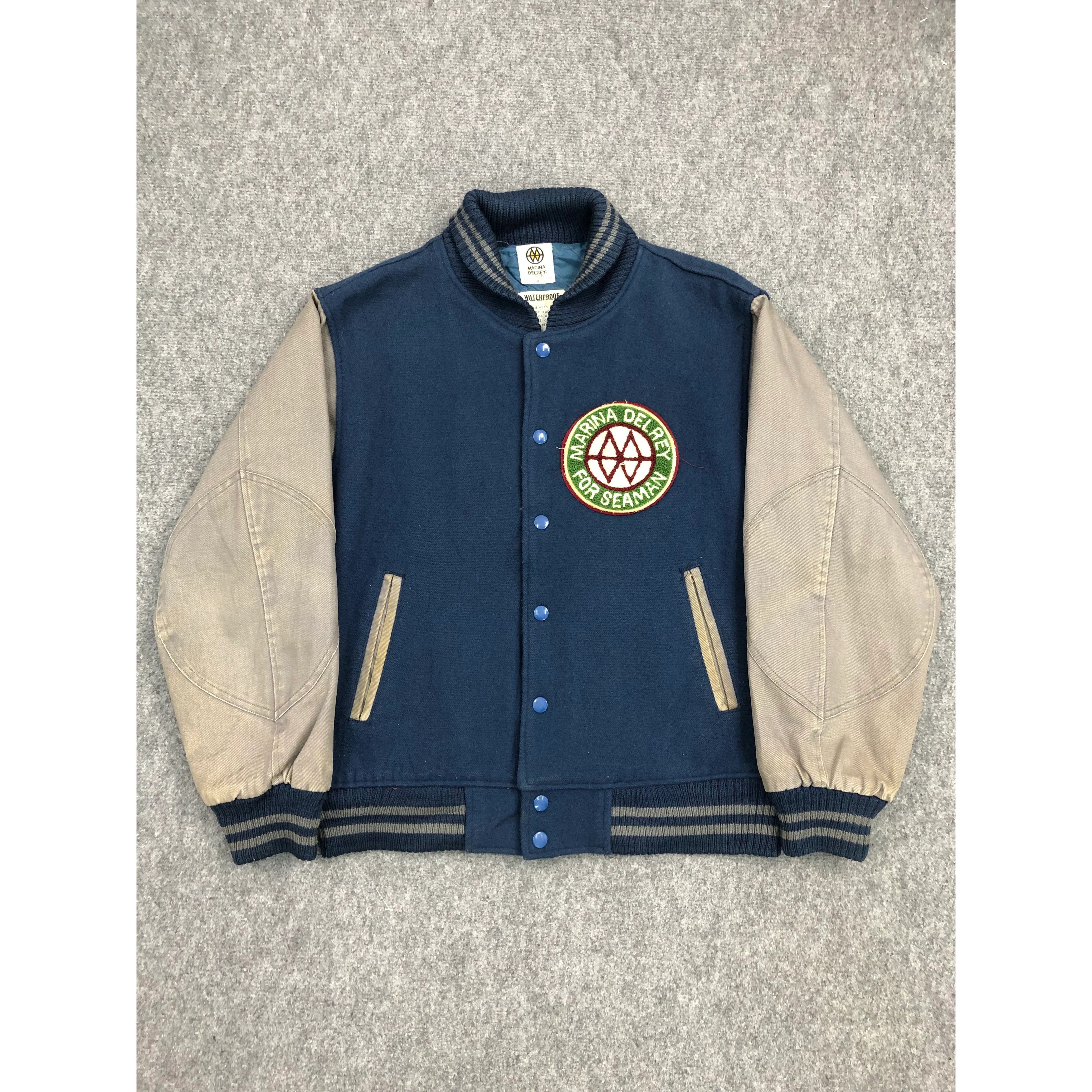 image of Varsity Jacket x Vintage Varsity Waterproof Marina Delrey Patchwork in Blue, Men's (Size Medium)