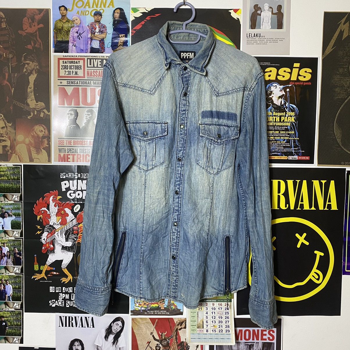 image of Archival Clothing x Ppfm Vintage Ppfm Snap Button Zipped Distressed Denim Shirt in Wash Denim (Size