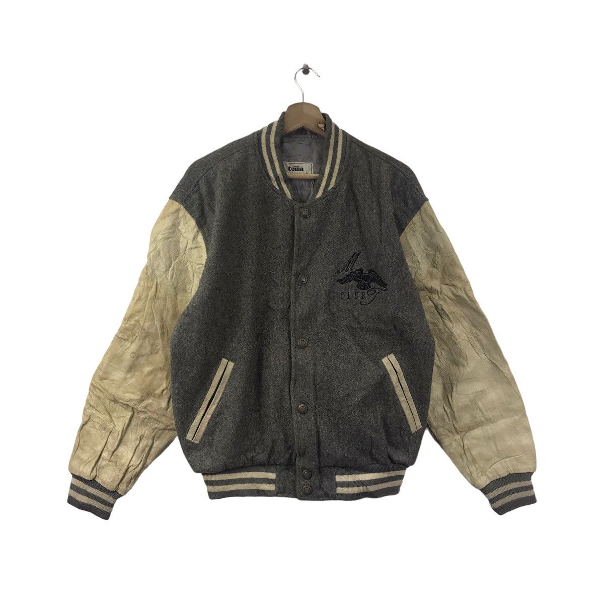 Vintage MEN'S TOMA Embroidered Logo Grey Varsity LeatherJacketBomber Size US L / EU 52-54 / 3 - 3 Thumbnail