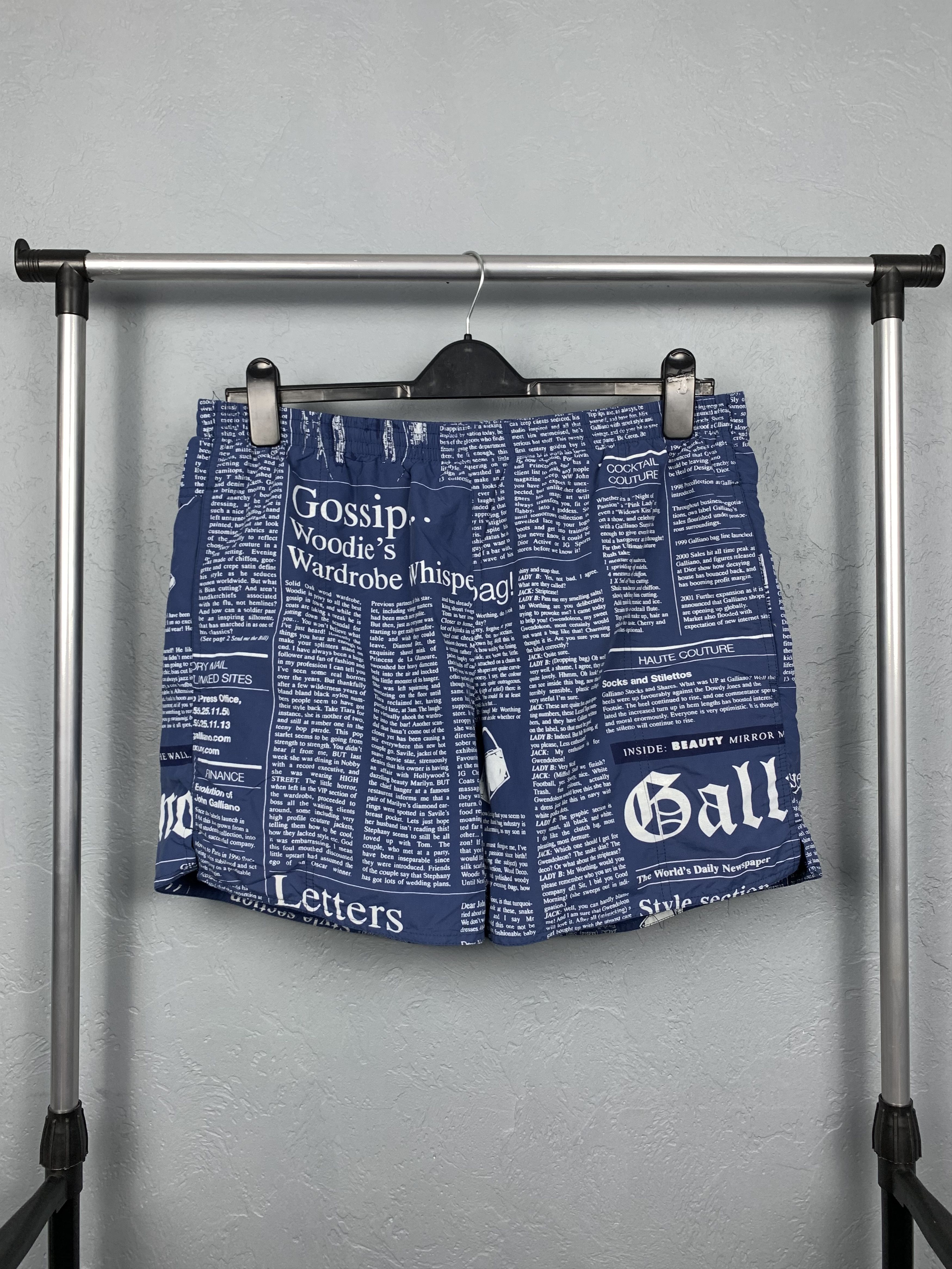 image of John Galliano Newspaper Nylon Shorts in Blue, Men's (Size 34)