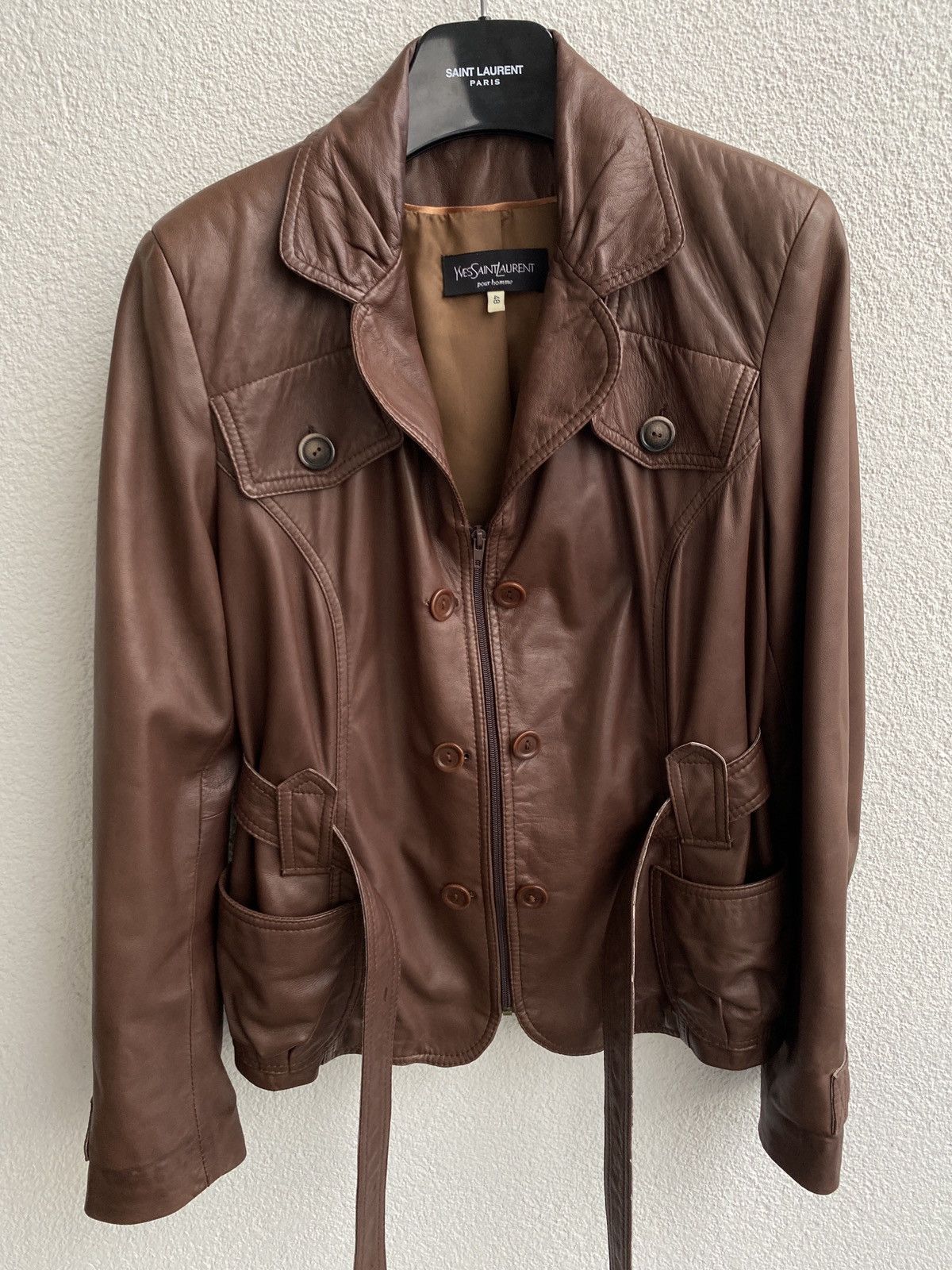 image of Leather Jacket x YVES Saint Laurent 90's Lamb Leather YSL Jacket Soft in Brown, Men's (Size Small)