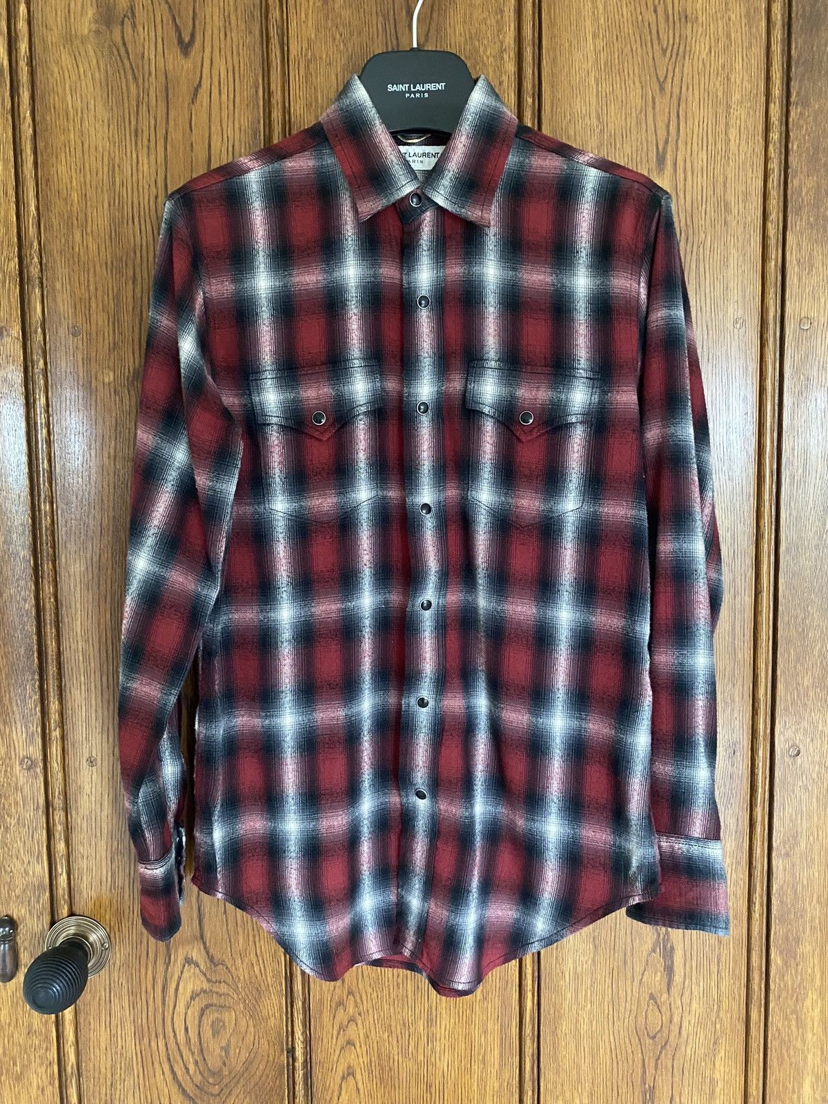 image of Saint Laurent Paris $890 Fw15 Saint Laurent Black Red White Flannel Shirt Hedi, Men's (Size Small)