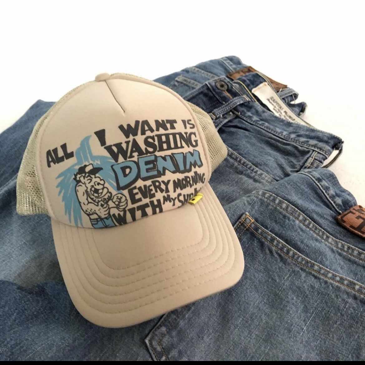 image of Kapital Laundry Shrink Trucker Hat in Beige, Men's
