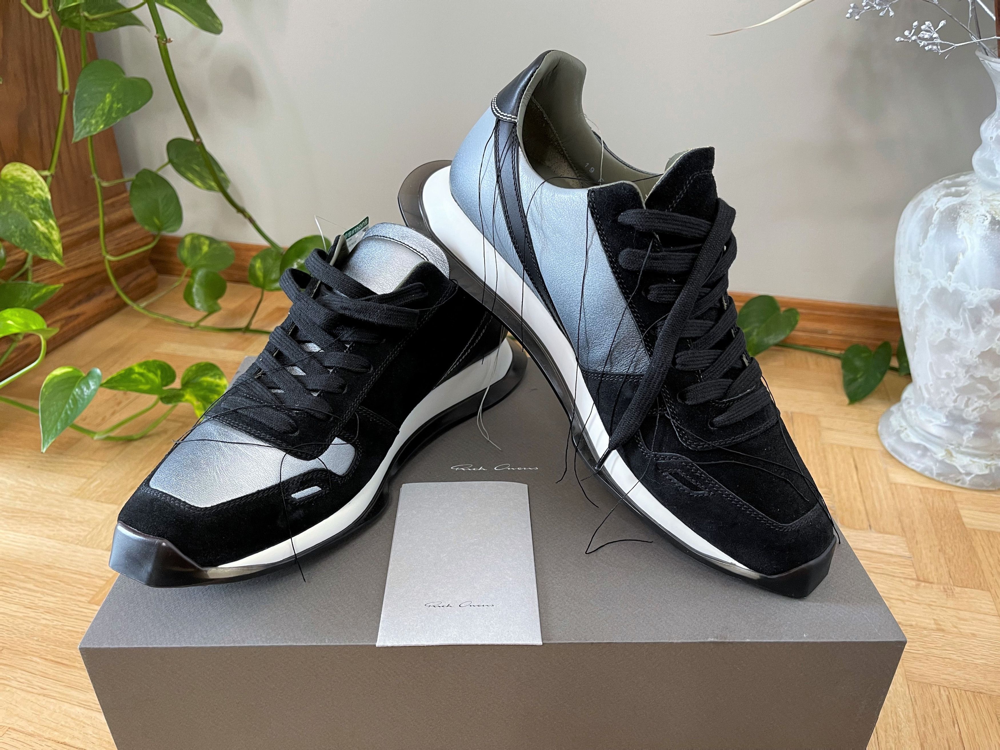 image of Rick Owens Stitch Loose String Suede Leather Runner Fw19 Larry Shoes in Black/Silver, Men's (Size 8