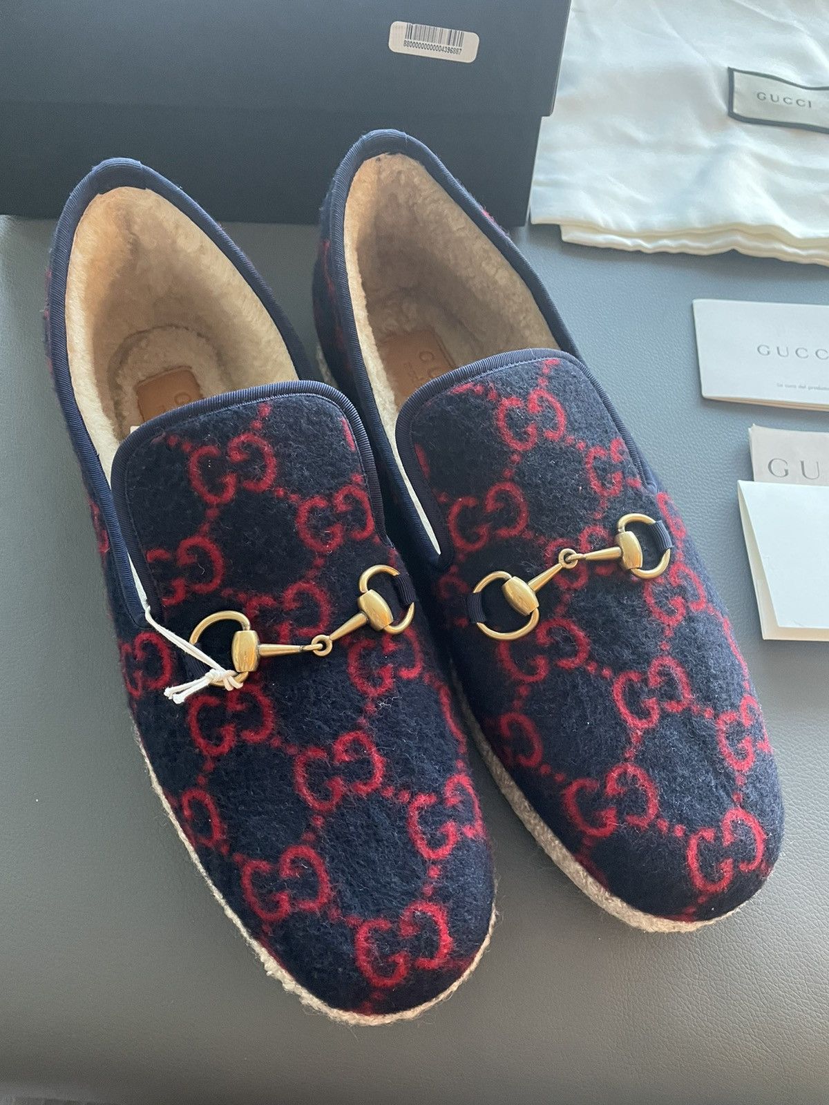 image of Gucci Super Runway GG Logo Iconic Shearling Slip On Loafer Shoes in Red, Men's (Size 10.5)