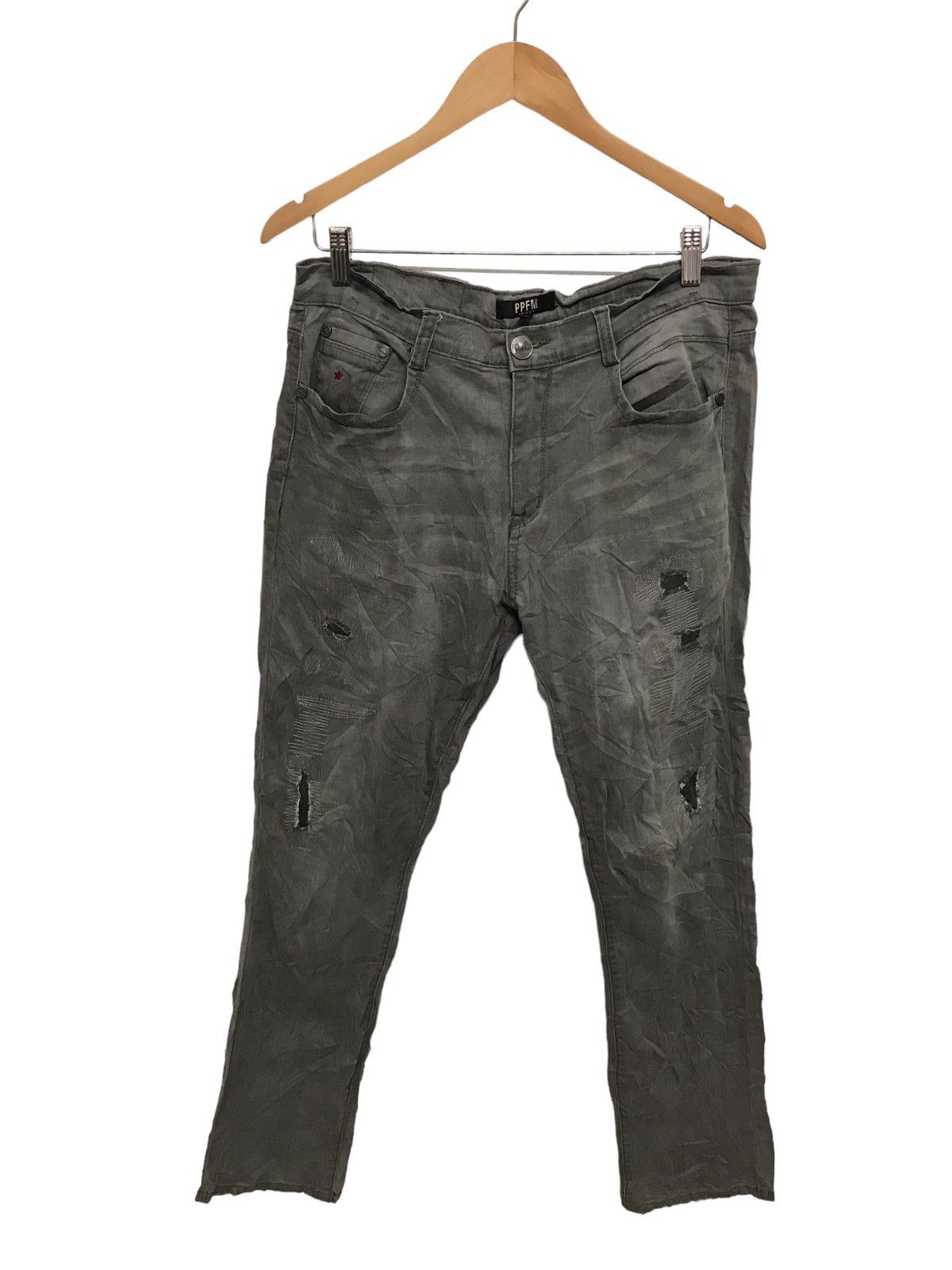 image of Distressed Denim x Ppfm Vintage Ppfm Patchwork Distressed Jeans in Grey, Men's (Size 33)