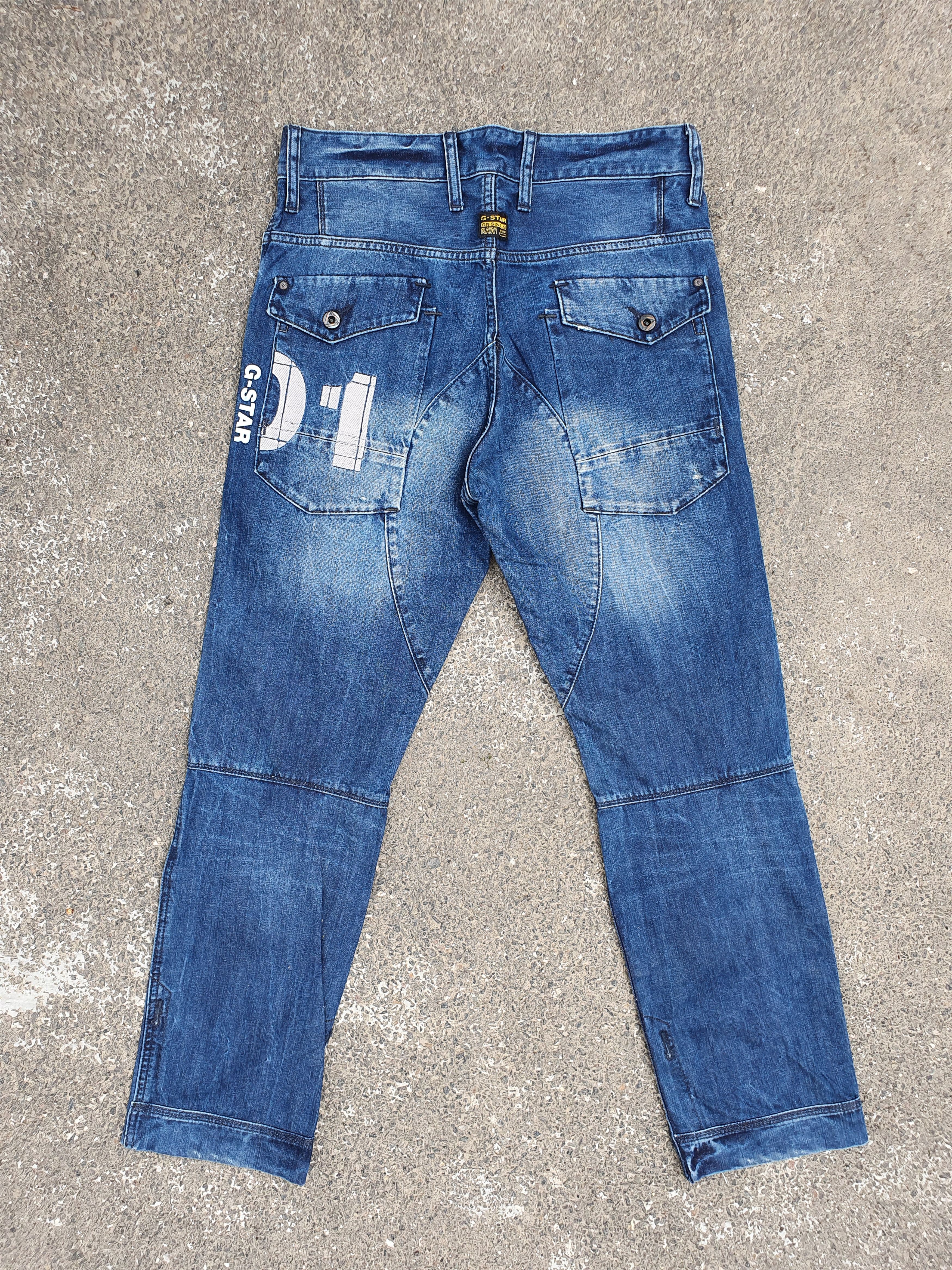 image of G Star Raw x Gstar Doble Knee G Star Tapered Biker Denim Multipocket Jeans in Blue Denim (Size 31)