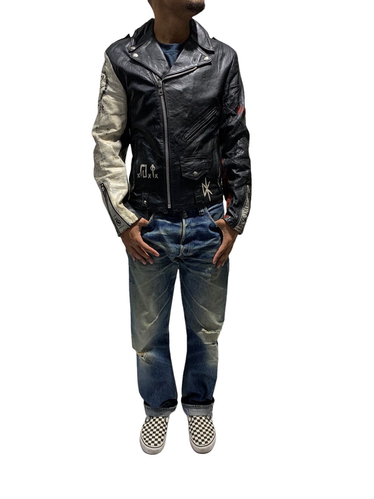 Genuine Leather 🔥VTG LEATHER JACKETS DOUBLE COLLAR DIY PAINTED Size US M / EU 48-50 / 2 - 5 Thumbnail