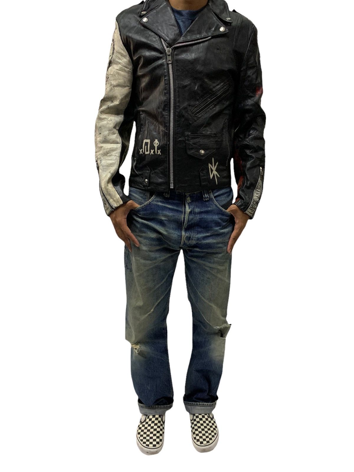 Genuine Leather 🔥VTG LEATHER JACKETS DOUBLE COLLAR DIY PAINTED Size US M / EU 48-50 / 2 - 4 Thumbnail