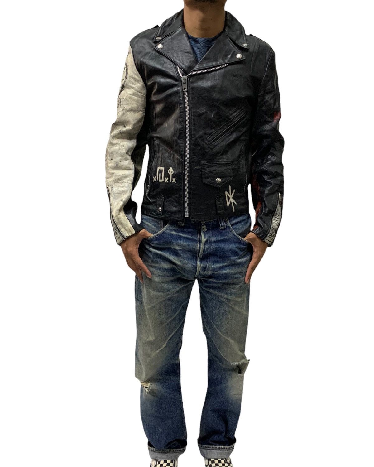 Genuine Leather 🔥VTG LEATHER JACKETS DOUBLE COLLAR DIY PAINTED Size US M / EU 48-50 / 2 - 3 Thumbnail