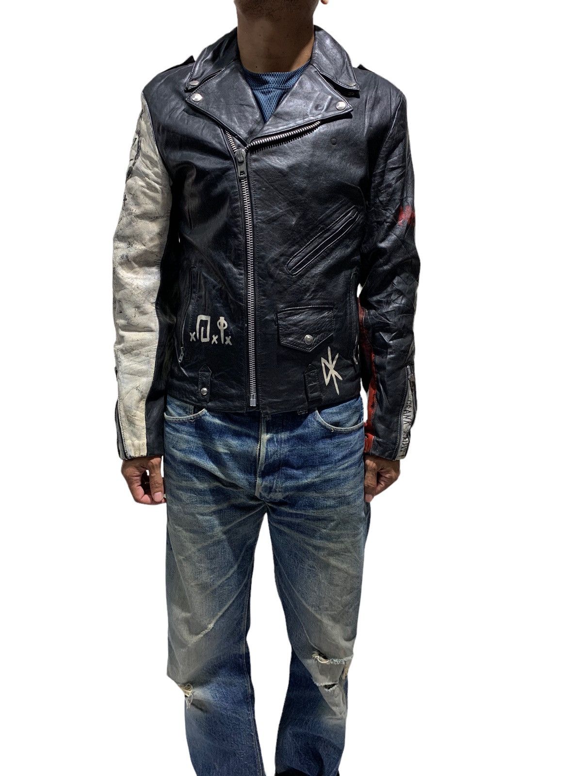 Genuine Leather 🔥VTG LEATHER JACKETS DOUBLE COLLAR DIY PAINTED Size US M / EU 48-50 / 2 - 1 Thumbnail