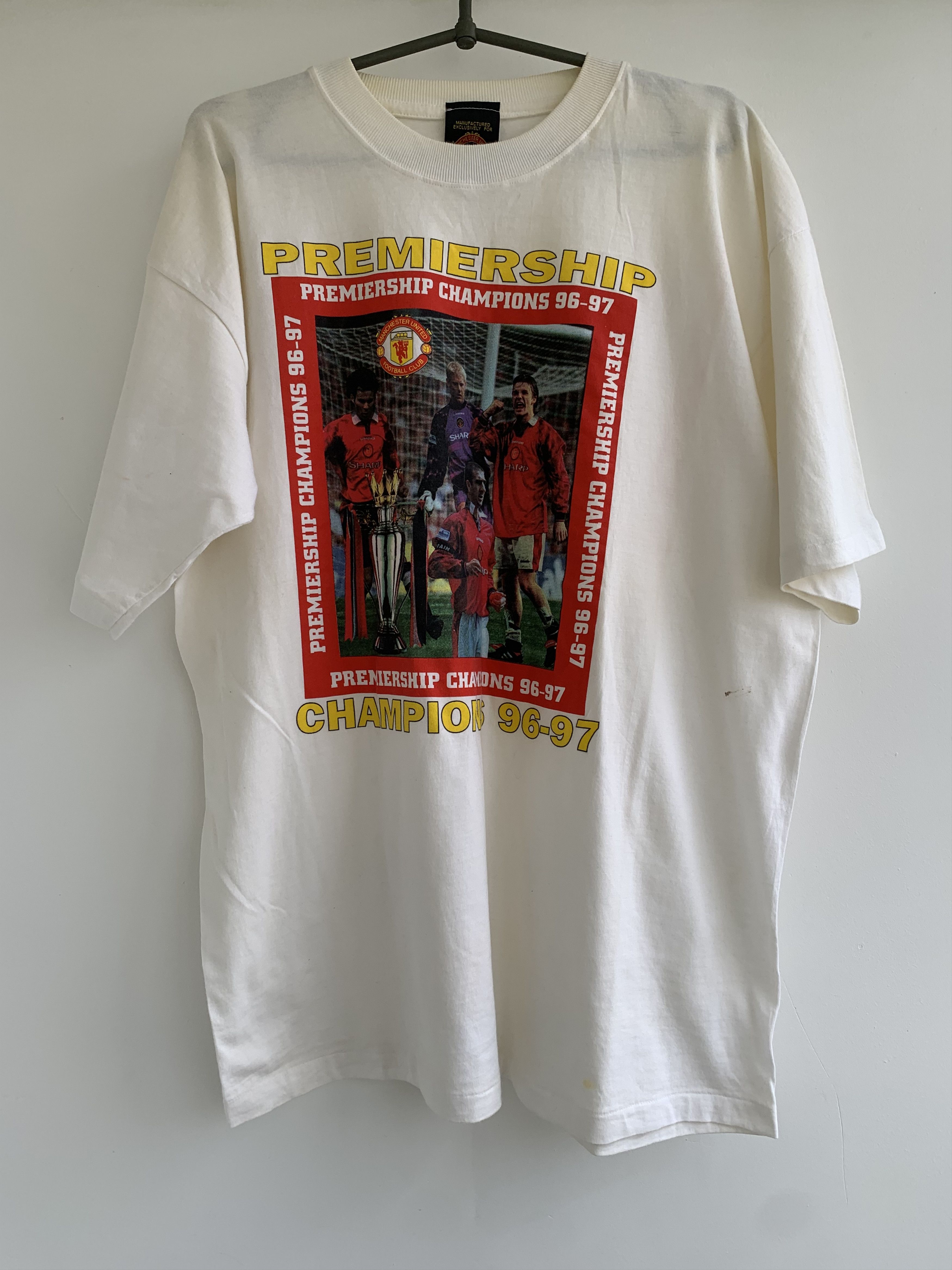 image of Manchester United 1996 Champions T Shirt in White, Men's (Size XL)