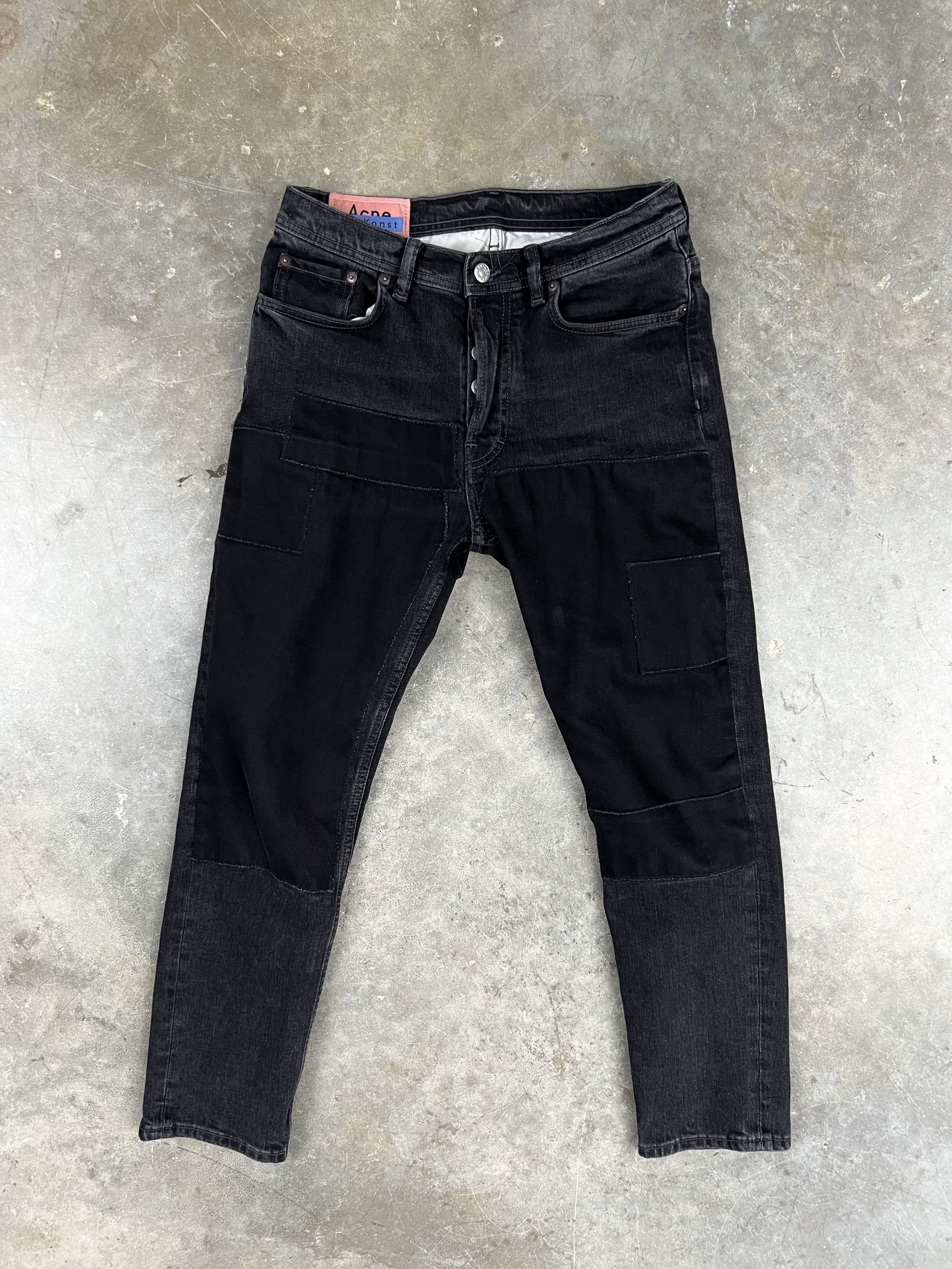 image of Acne Studios Black Patchwork River Denim Jeans Sz. 30, Men's