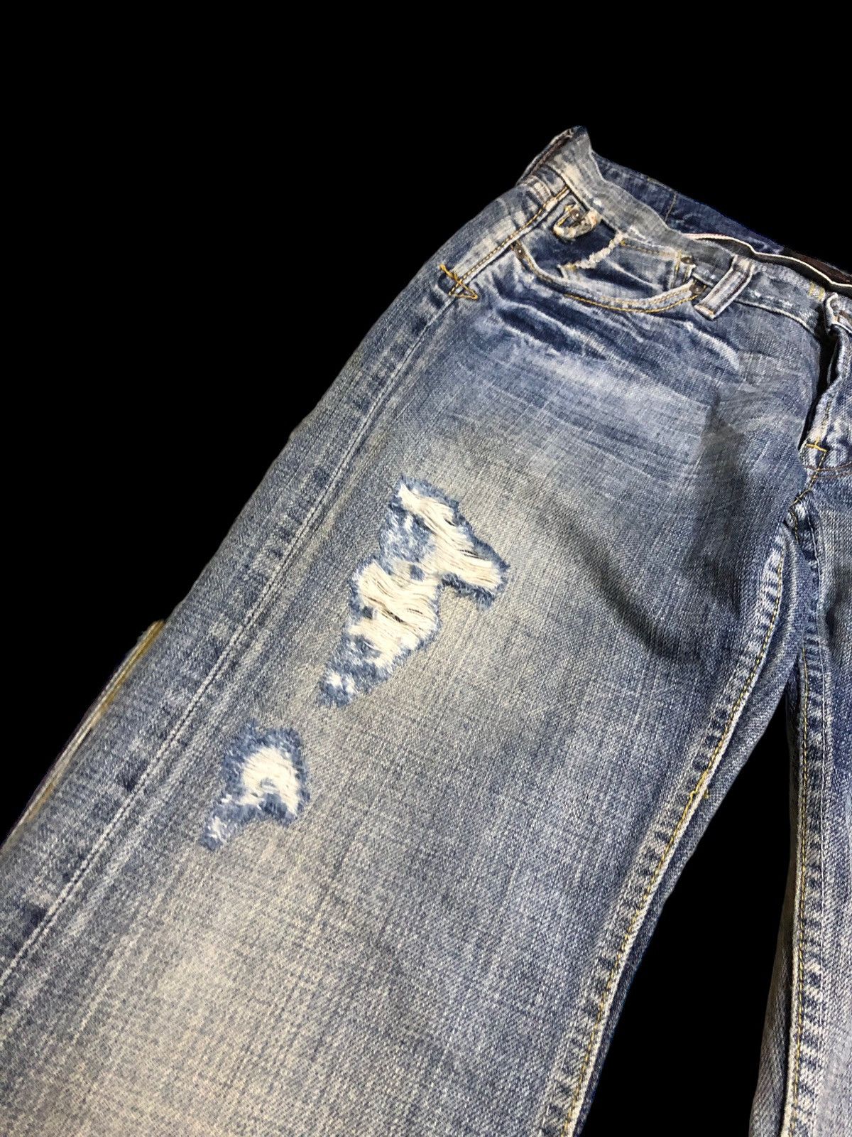 Japanese Brand FLARE SWEET CAMEL SELVEDGE BUCKLE BACK DENIM Size 29" - 5 Thumbnail