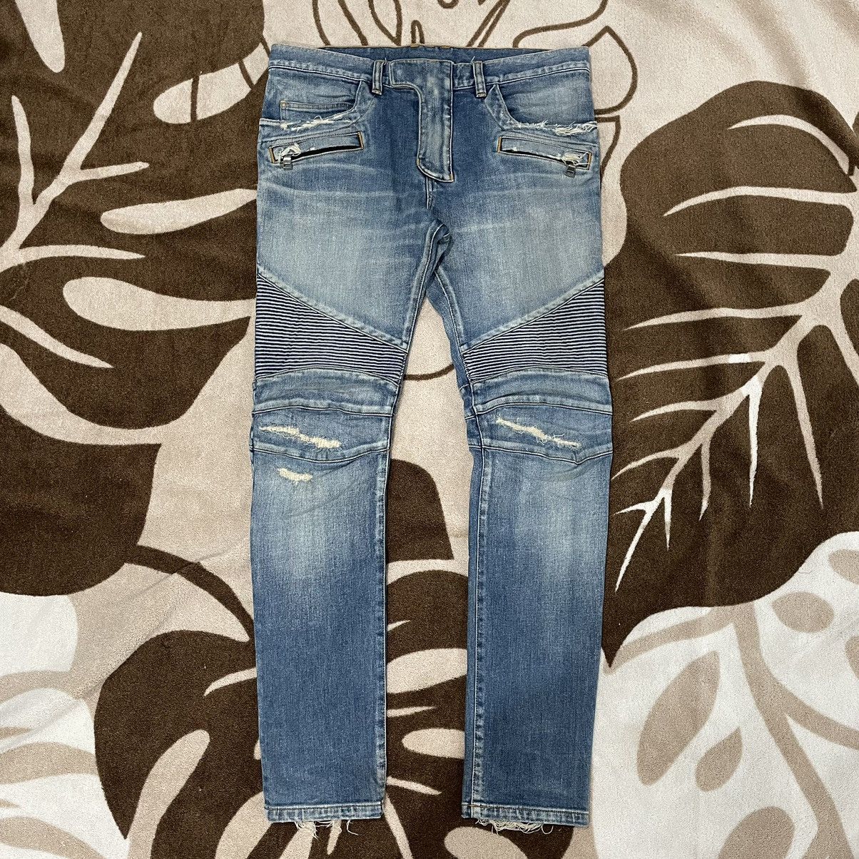 Balmain Light Blue Wash Distressed Biker Jeans
