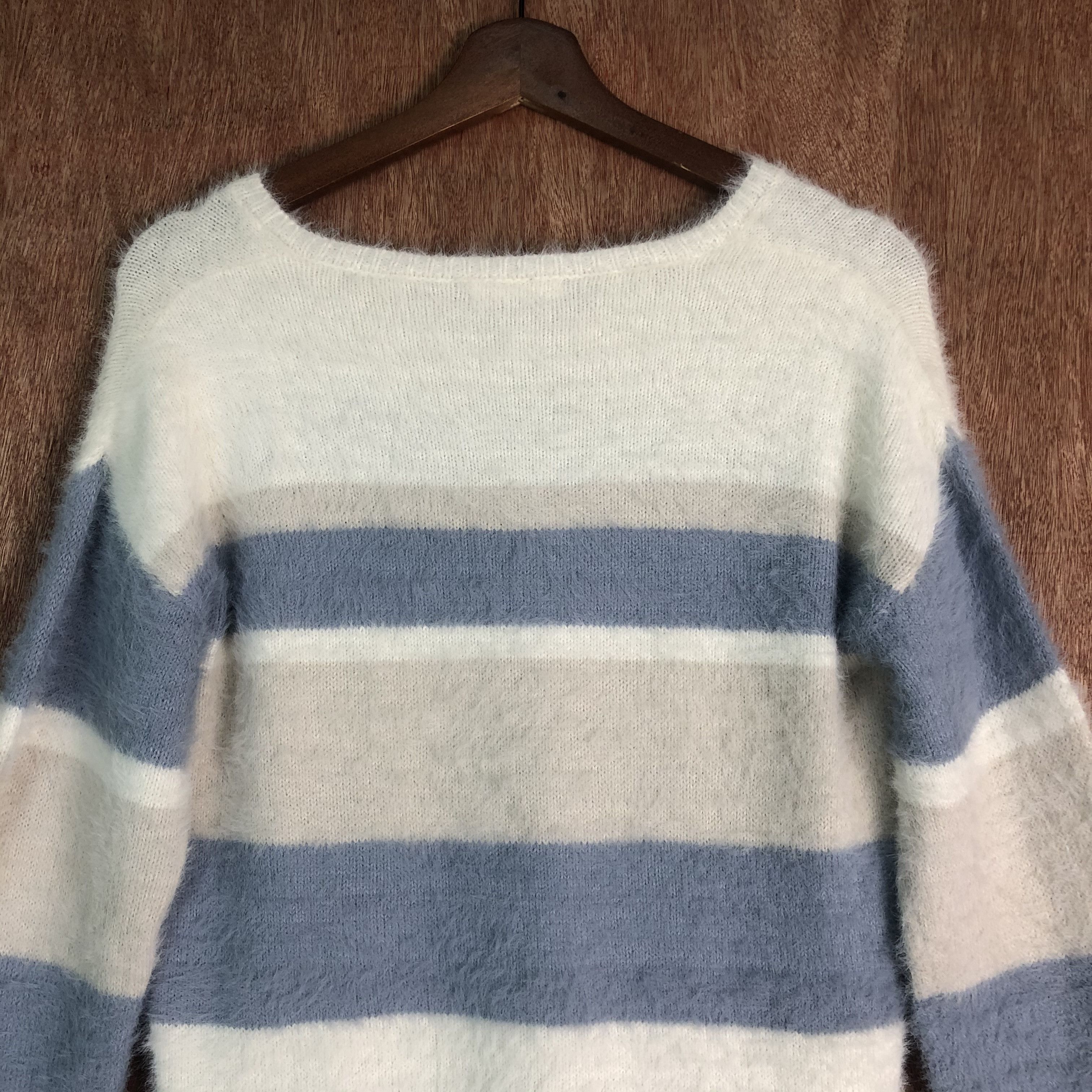 Homespun Knitwear Dreskip White Blue Stripe Mohair Shag Shaggy Knitwear Size US M / EU 48-50 / 2 - 2 Thumbnail