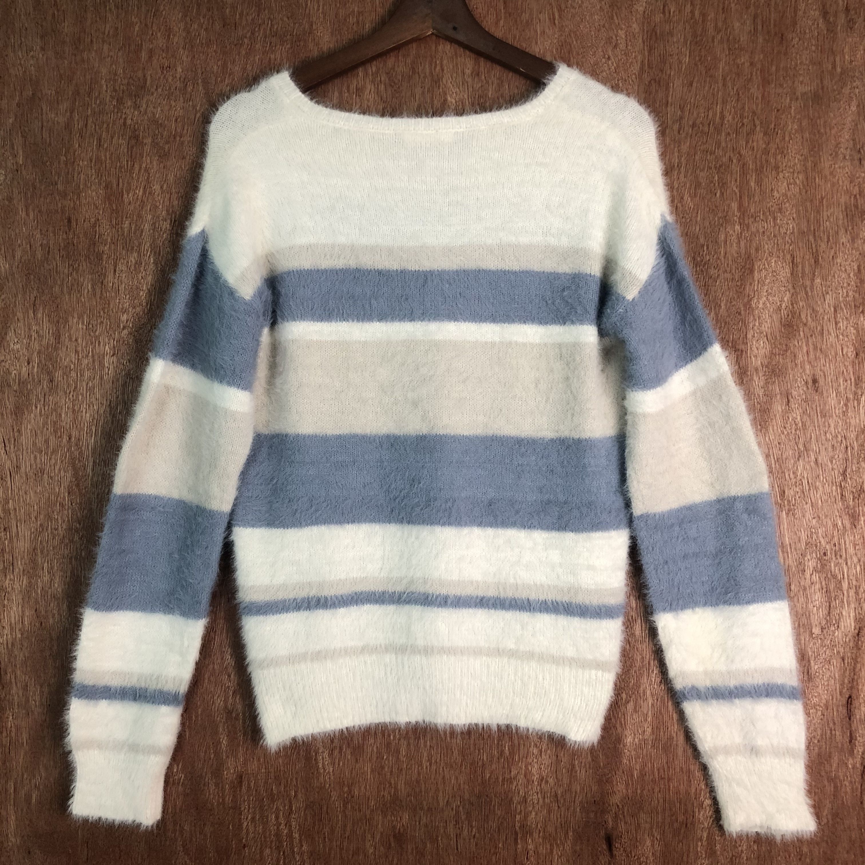 Homespun Knitwear Dreskip White Blue Stripe Mohair Shag Shaggy Knitwear Size US M / EU 48-50 / 2 - 3 Thumbnail
