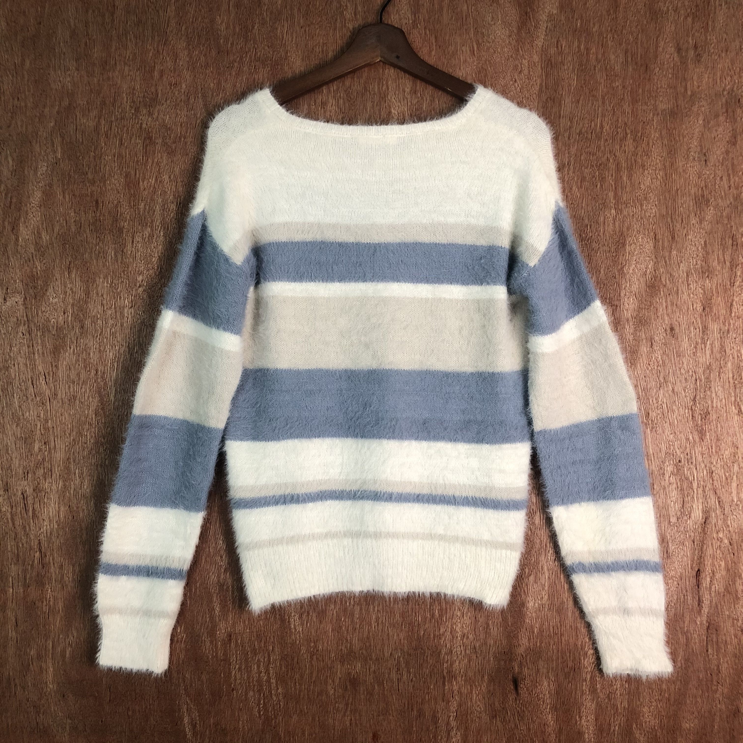 Homespun Knitwear Dreskip White Blue Stripe Mohair Shag Shaggy Knitwear Size US M / EU 48-50 / 2 - 1 Thumbnail