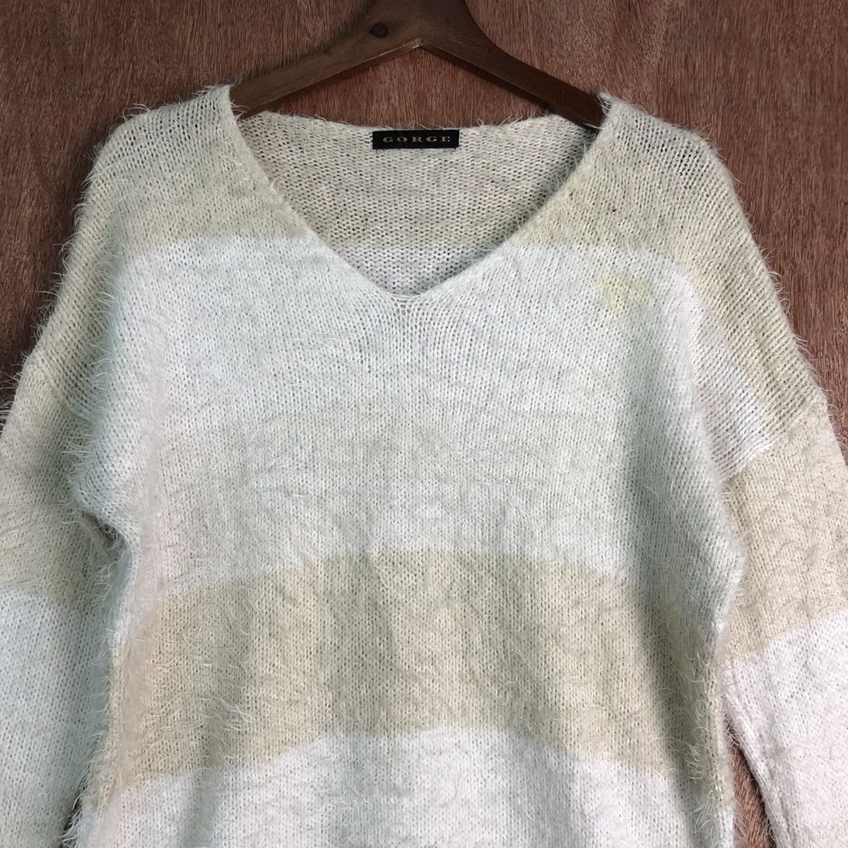 Homespun Knitwear GORGE Stripes White Brown Mohair Shag Shaggy Knitwear Size US L / EU 52-54 / 3 - 2 Thumbnail
