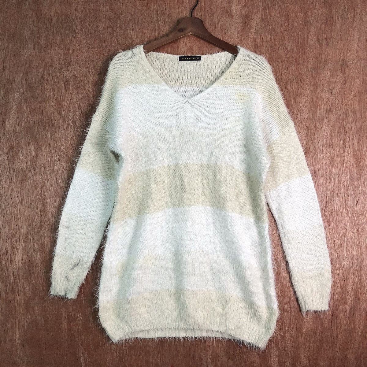 Homespun Knitwear GORGE Stripes White Brown Mohair Shag Shaggy Knitwear Size US L / EU 52-54 / 3 - 1 Thumbnail