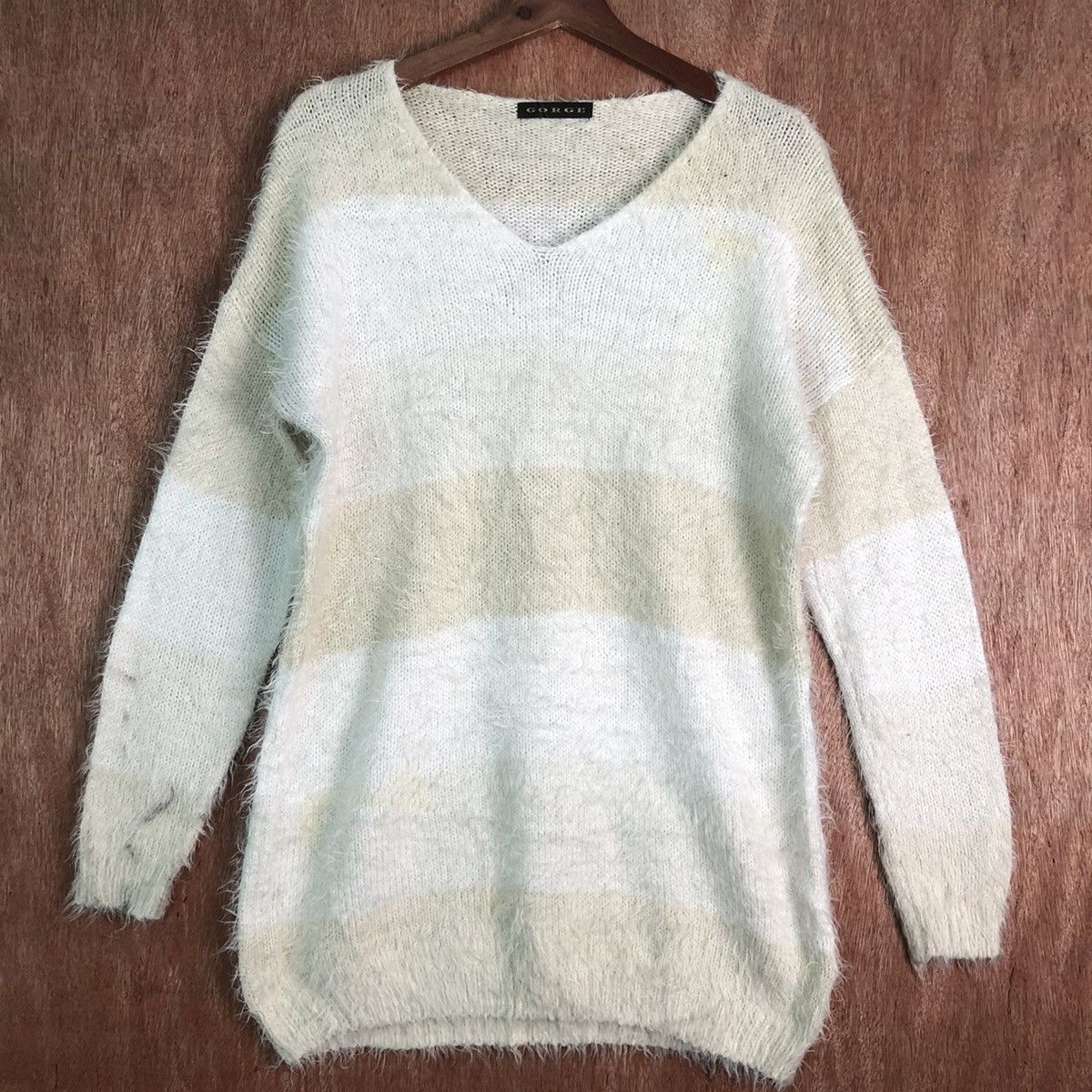 Homespun Knitwear GORGE Stripes White Brown Mohair Shag Shaggy Knitwear Size US L / EU 52-54 / 3 - 3 Thumbnail