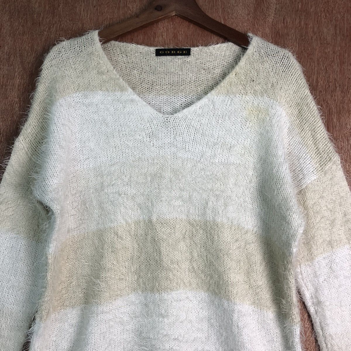 Homespun Knitwear GORGE Stripes White Brown Mohair Shag Shaggy Knitwear Size US L / EU 52-54 / 3 - 8 Thumbnail