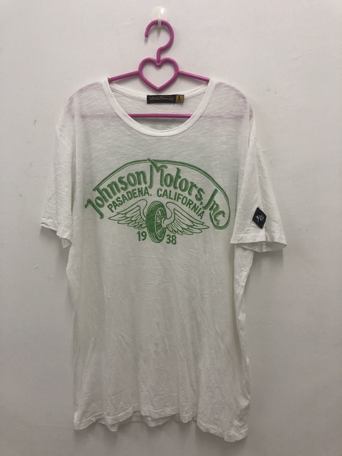image of Johnson Motors Inc Spell Out Big Logo Shirt in White, Men's (Size Large)