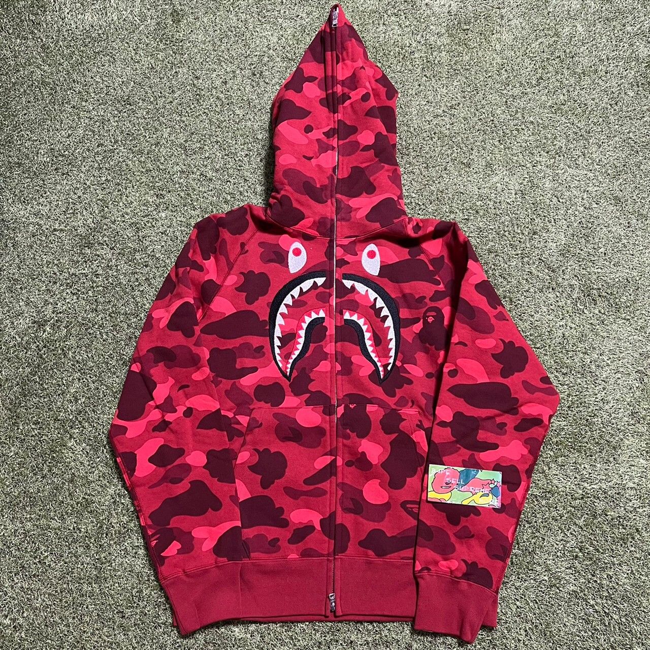 image of Bape Shark Embroidery Full Zip Hoodie Red Camo, Men's (Size Large)
