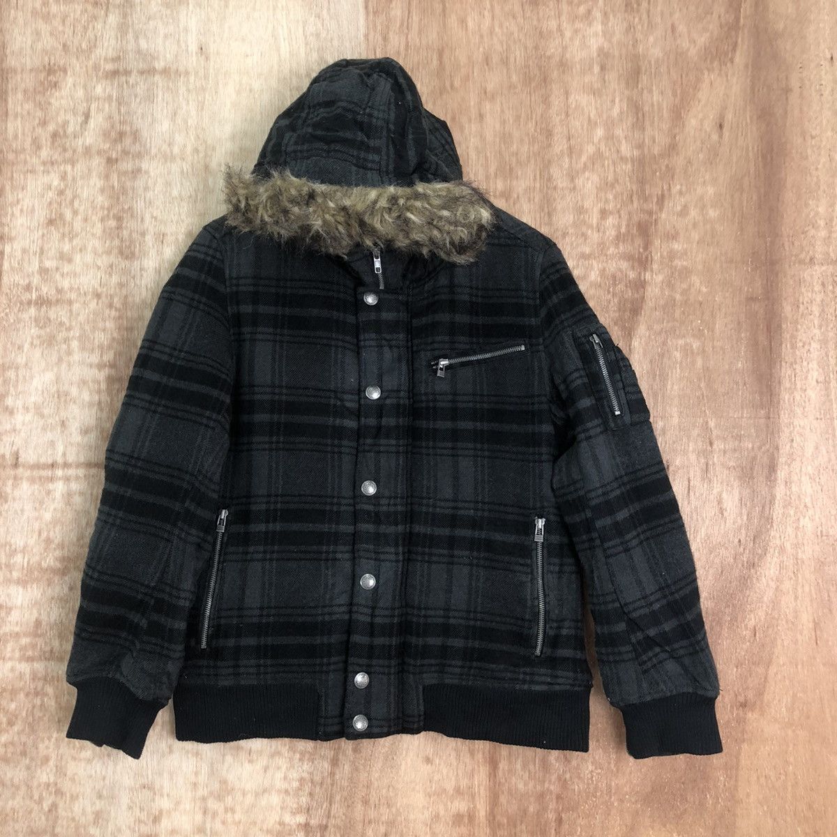 Japanese Brand Oilcake Checkered Grey Wool Varsity Hoodie Jacket #1857 Size US L / EU 52-54 / 3 - 3 Thumbnail