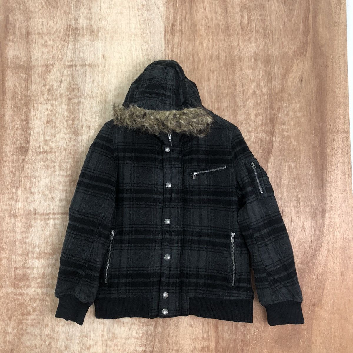 Japanese Brand Oilcake Checkered Grey Wool Varsity Hoodie Jacket #1857 Size US L / EU 52-54 / 3 - 1 Thumbnail