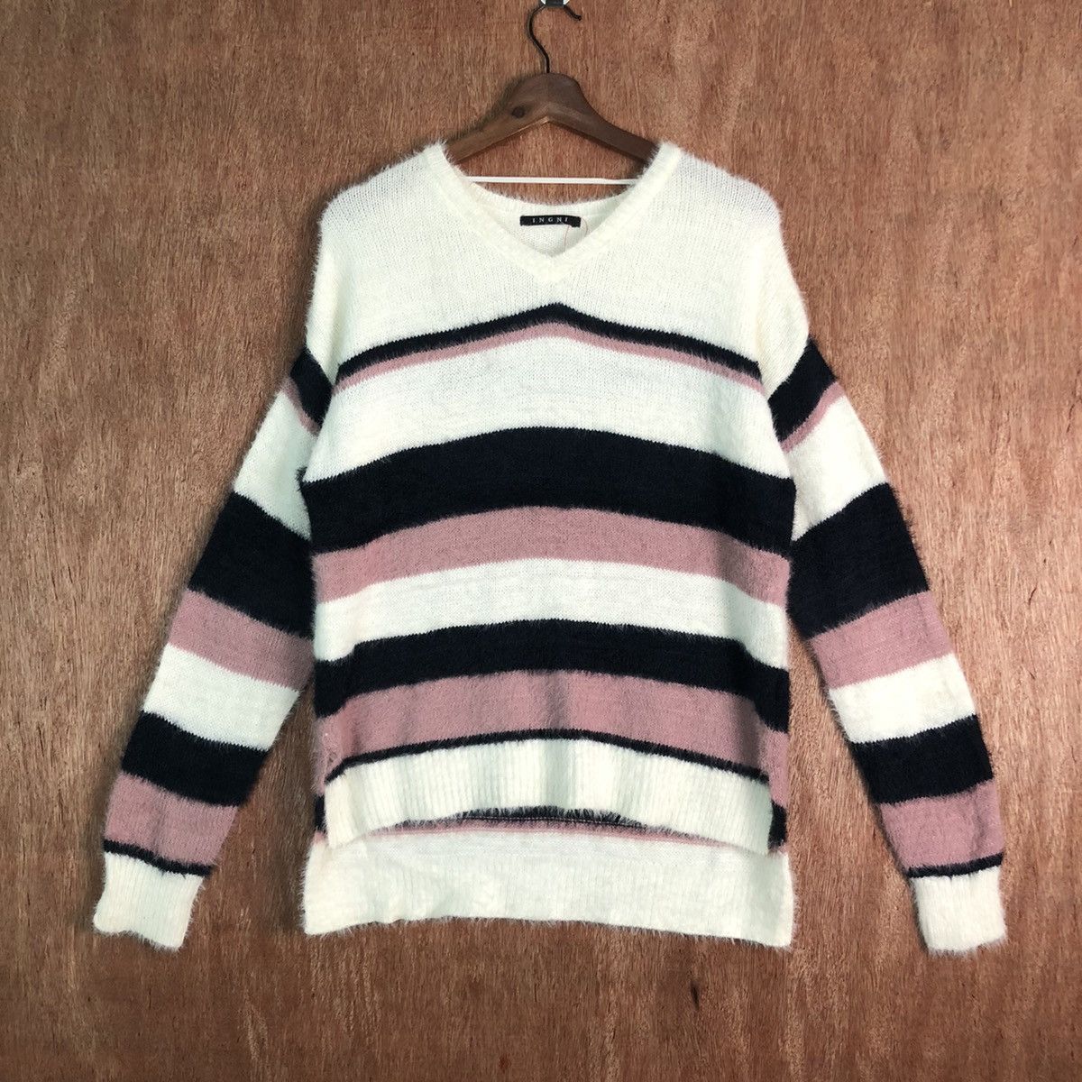 image of Coloured Cable Knit Sweater x Over The Stripes Ingni Multicolor Stripe Mohair Knitwear (Size Medium