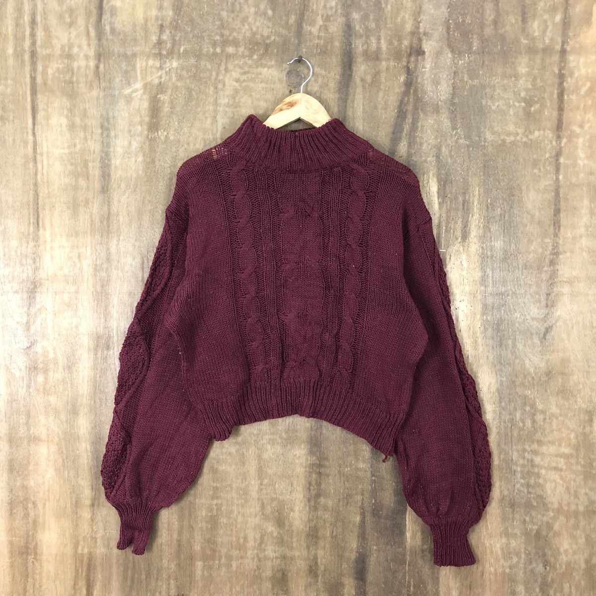 image of Aran Isles Knitwear x Coloured Cable Knit Sweater Fun Maroon Balloon Style Knitwear 021 (Size Mediu