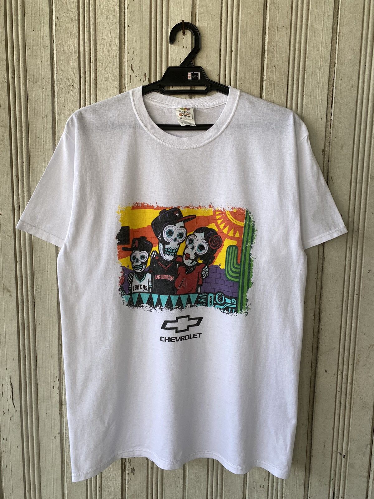 image of Chevy x Racing Vintage Chevrolet Art Sugar Skull T-Shirt in White, Men's (Size Medium)