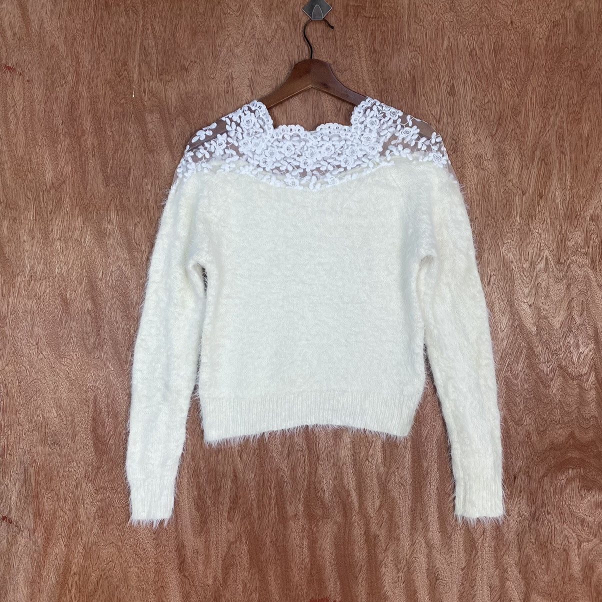 image of Coloured Cable Knit Sweater x Hot Mess Japan White Mohair Shag Shaggy Fur Knitwear (Size Small)