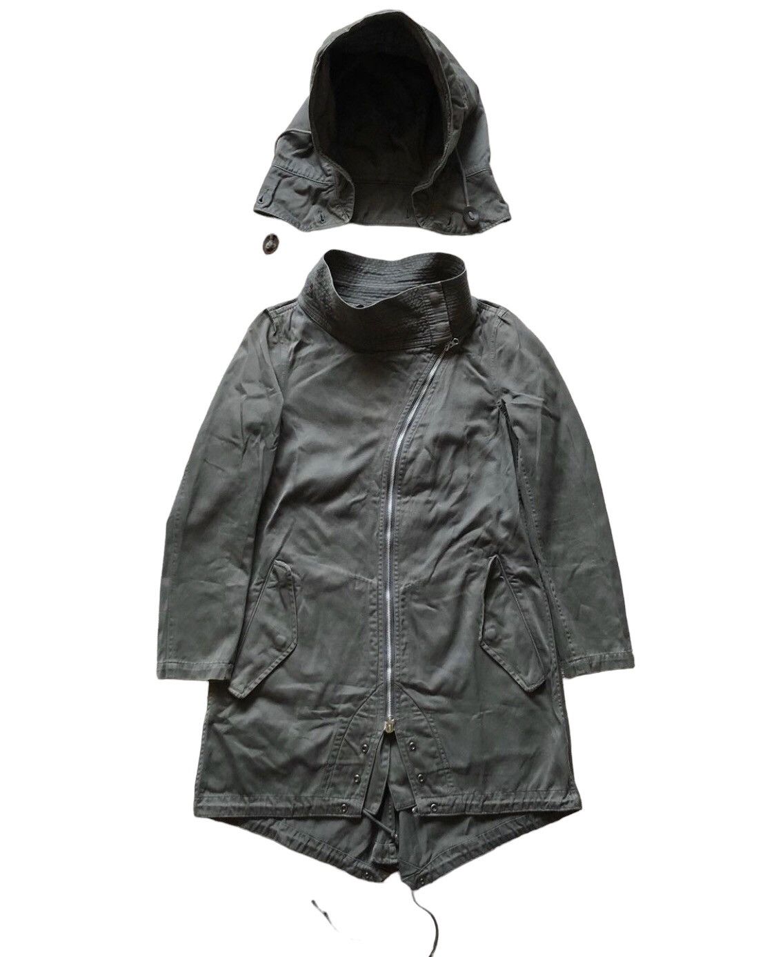 image of Cabane De Zucca x Issey Miyake 1990S Zucca Asymmetrical Zipper Parka Jacket in Miltary Green (Size 