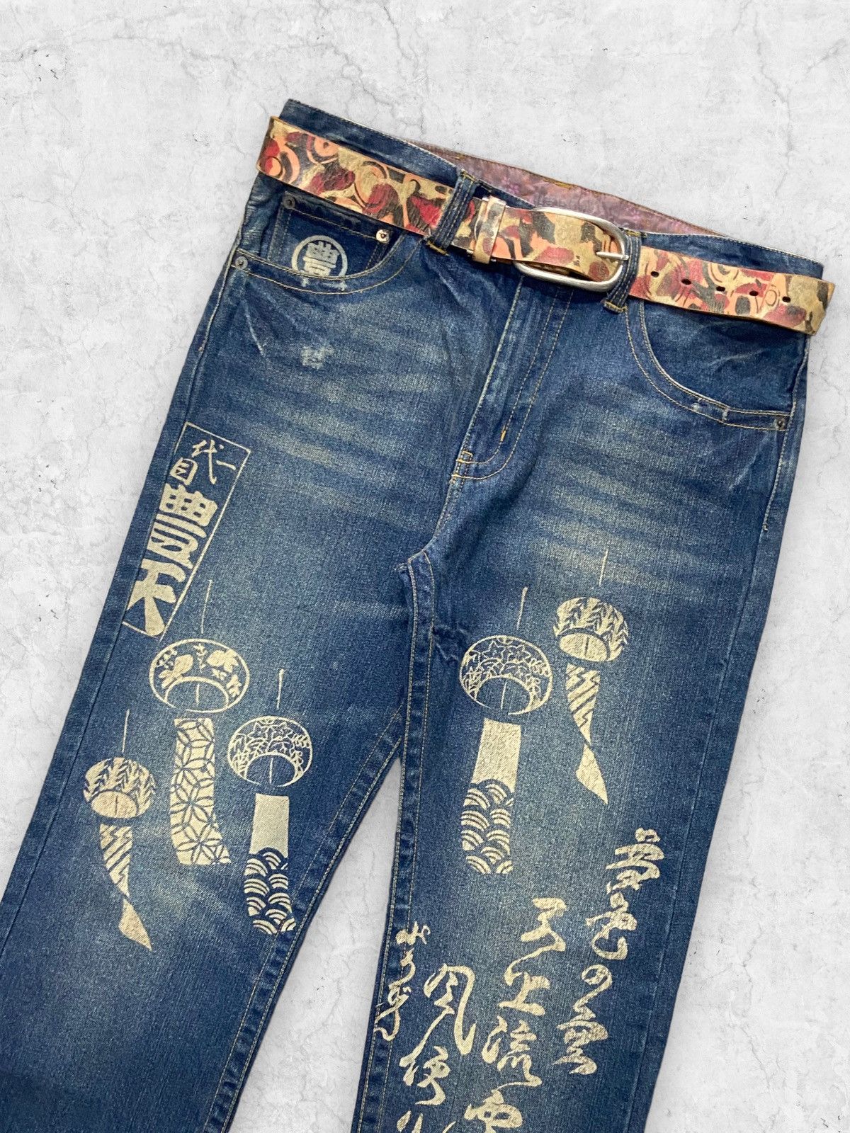 Ed Hardy × Japanese Brand Shibuya Ct Japan Poem Printed Denim Pants With Leather Belt Size US 34 / EU 50 - 5 Thumbnail